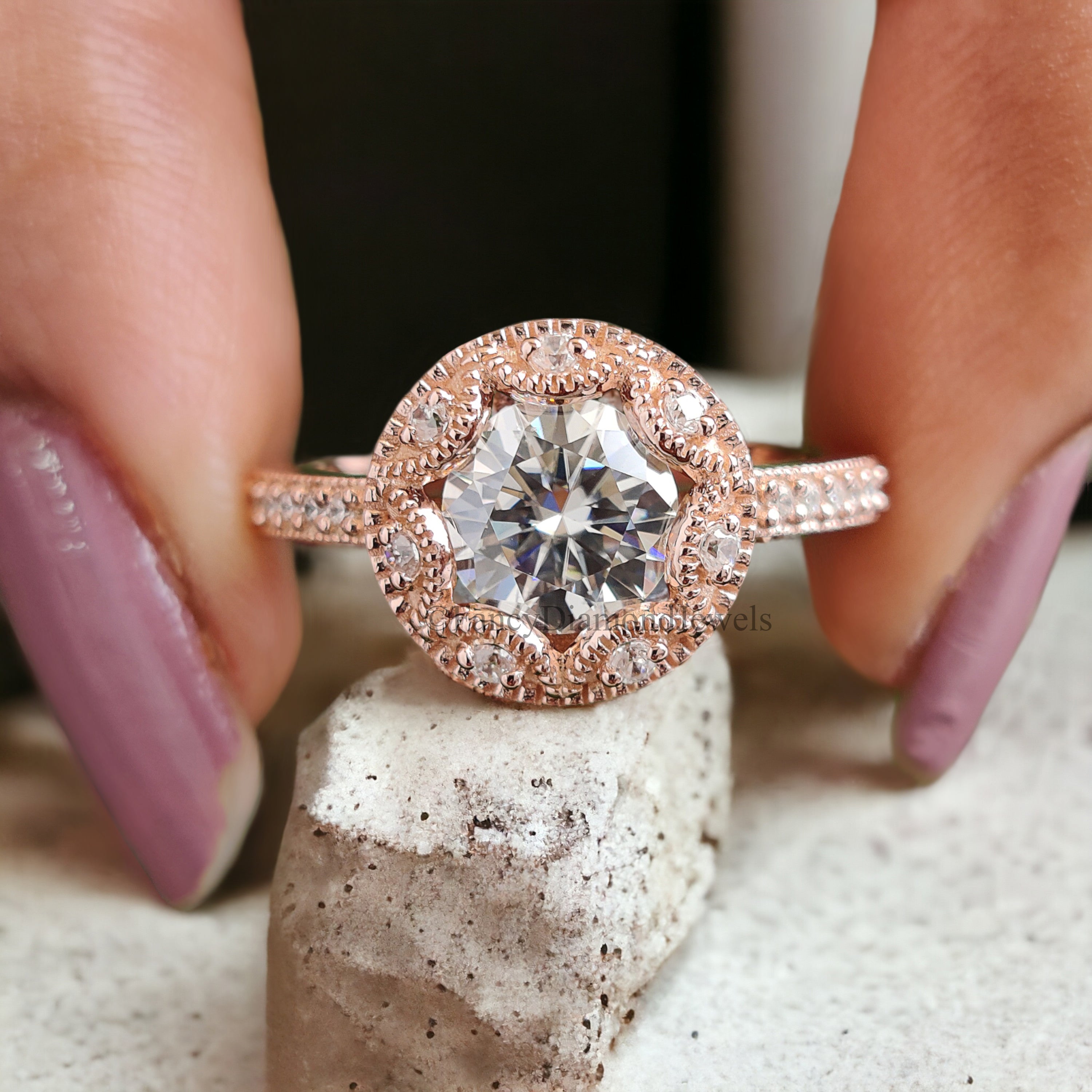 Round Cut Moissanite Engagement Ring Halo Milgrain Engagement Ring Handmade Jewelry Rose Gold Wedding Ring Surprise Gifts for Her FD166