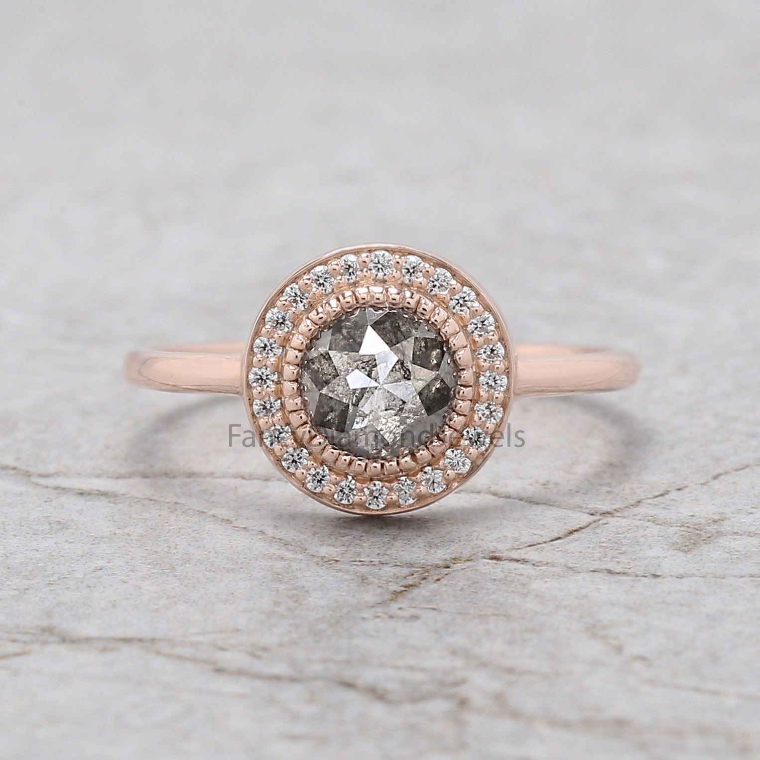 Round Rose Cut Salt And Pepper Diamond Ring 0.88 Ct 5.60 MM Round Shape Diamond Ring 14K Rose Gold Silver Engagement Ring Gift For Her QL2132