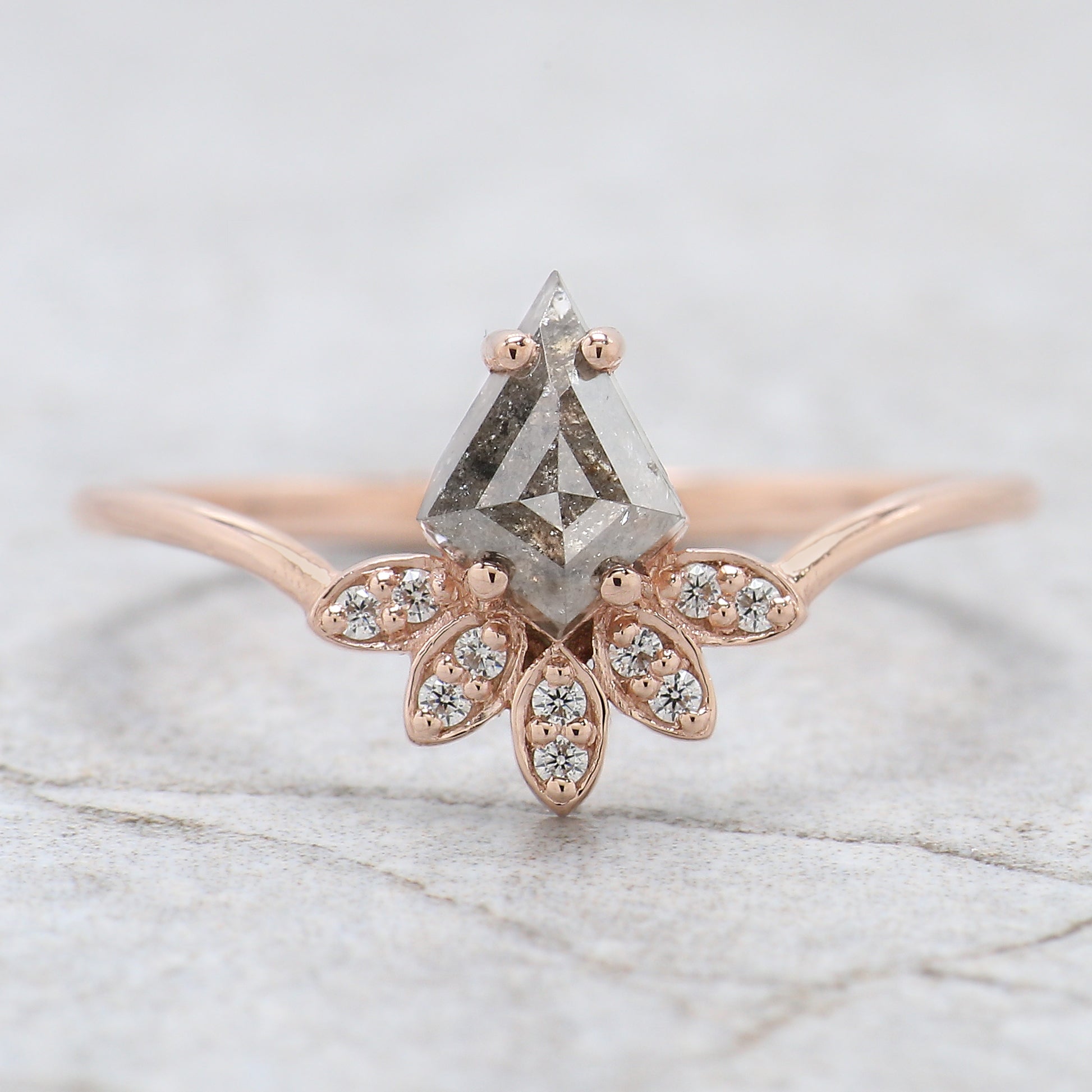 Kite Cut Salt And Pepper Diamond Ring 0.68 Ct 6.85 MM Kite Diamond Ring 14K Solid Rose Gold Silver Kite Engagement Ring Gift For Her QL1342