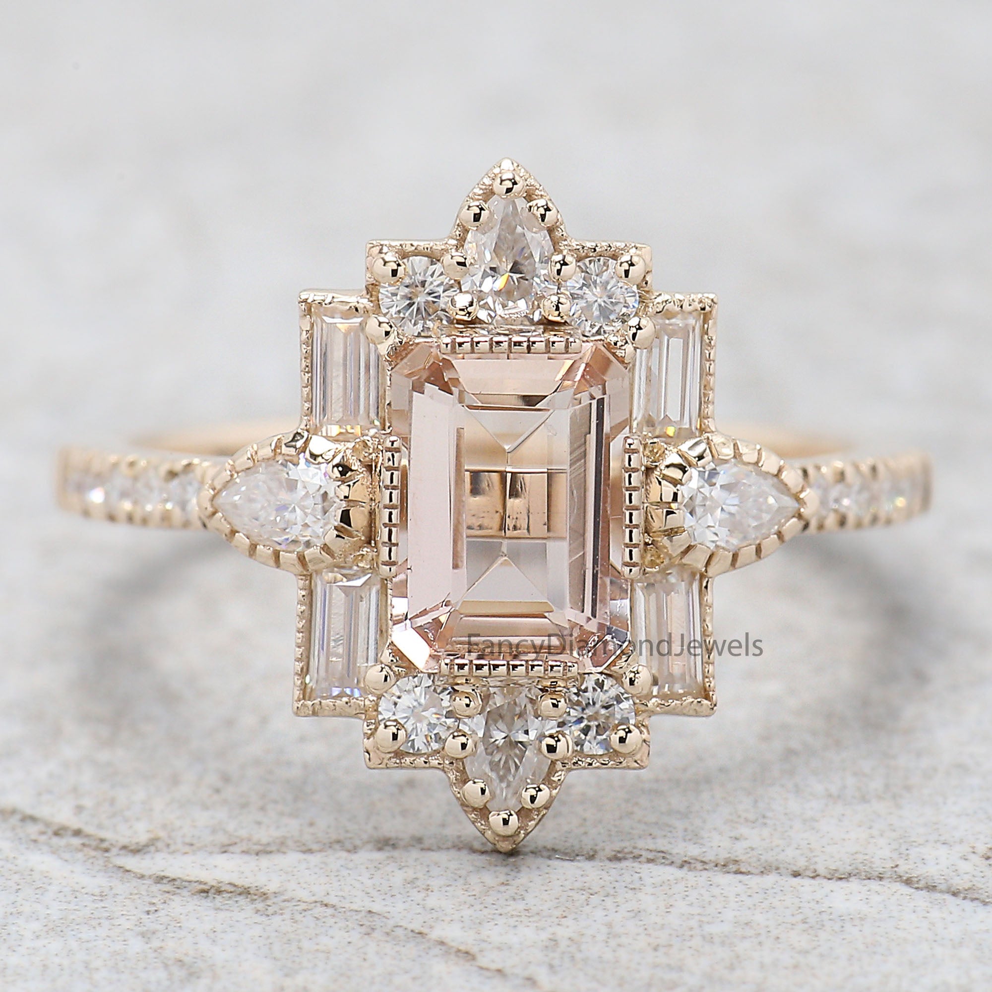 0.85 CT Emerald Cut Vintage Morganite Engagement Ring Baguette wedding ring Unique art deco ring Pear halo ring Starburst ring For Her FD294