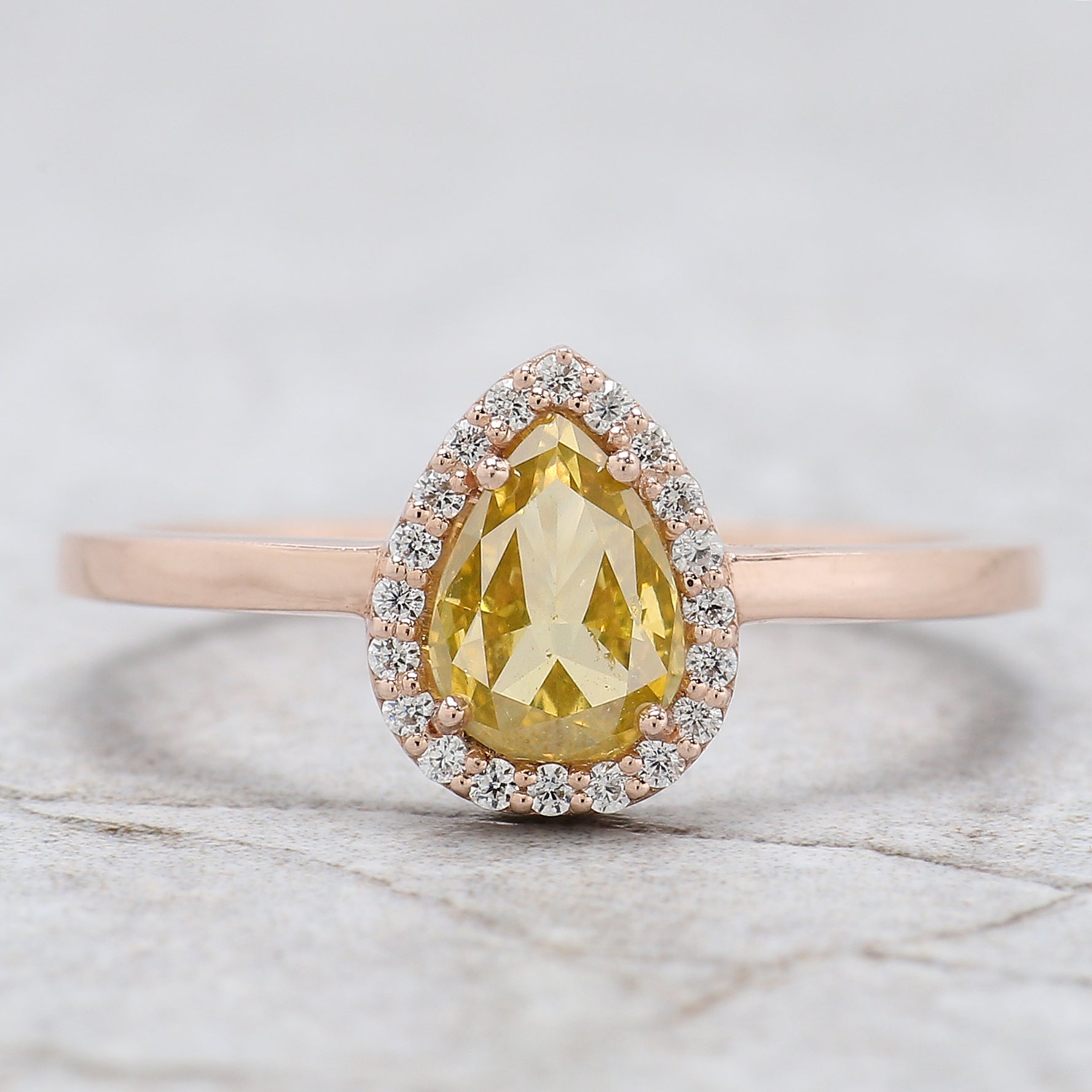 Pear Cut Yellow Color Diamond Ring 0.59 Ct 6.70 MM Pear Diamond Ring 14K Solid Rose Gold Silver Pear Engagement Ring Gift For Her QL6470