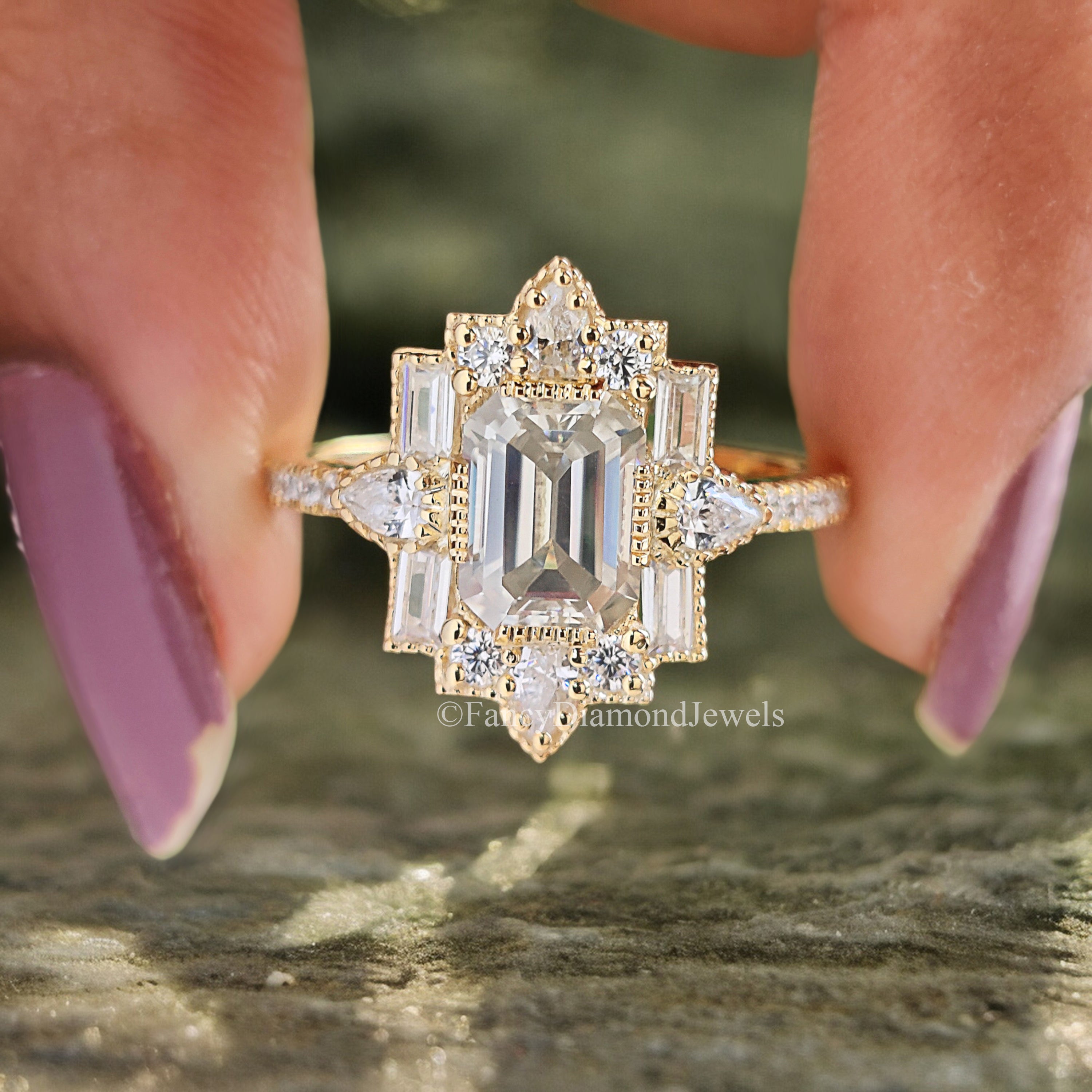 1.00 CT Emerald Cut Vintage Bridal Engagement Ring Baguette wedding ring Unique art deco ring Pear halo ring Starburst ring For Her FD188