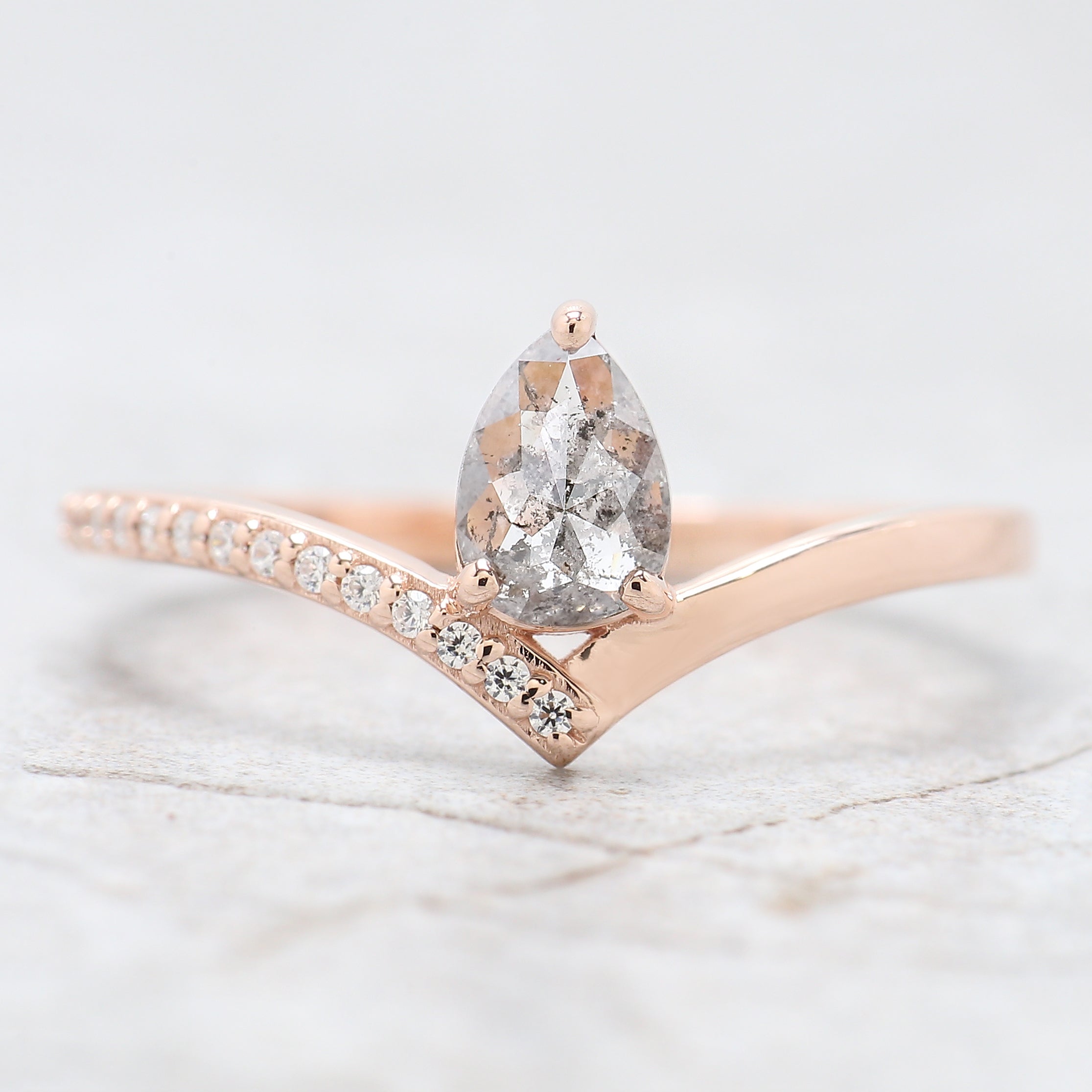 Pear Cut Salt And Pepper Diamond Ring 0.39 Ct 5.95 MM Pear Diamond Ring 14K Solid Rose Gold Silver Pear Engagement Ring Gift For Her QN606