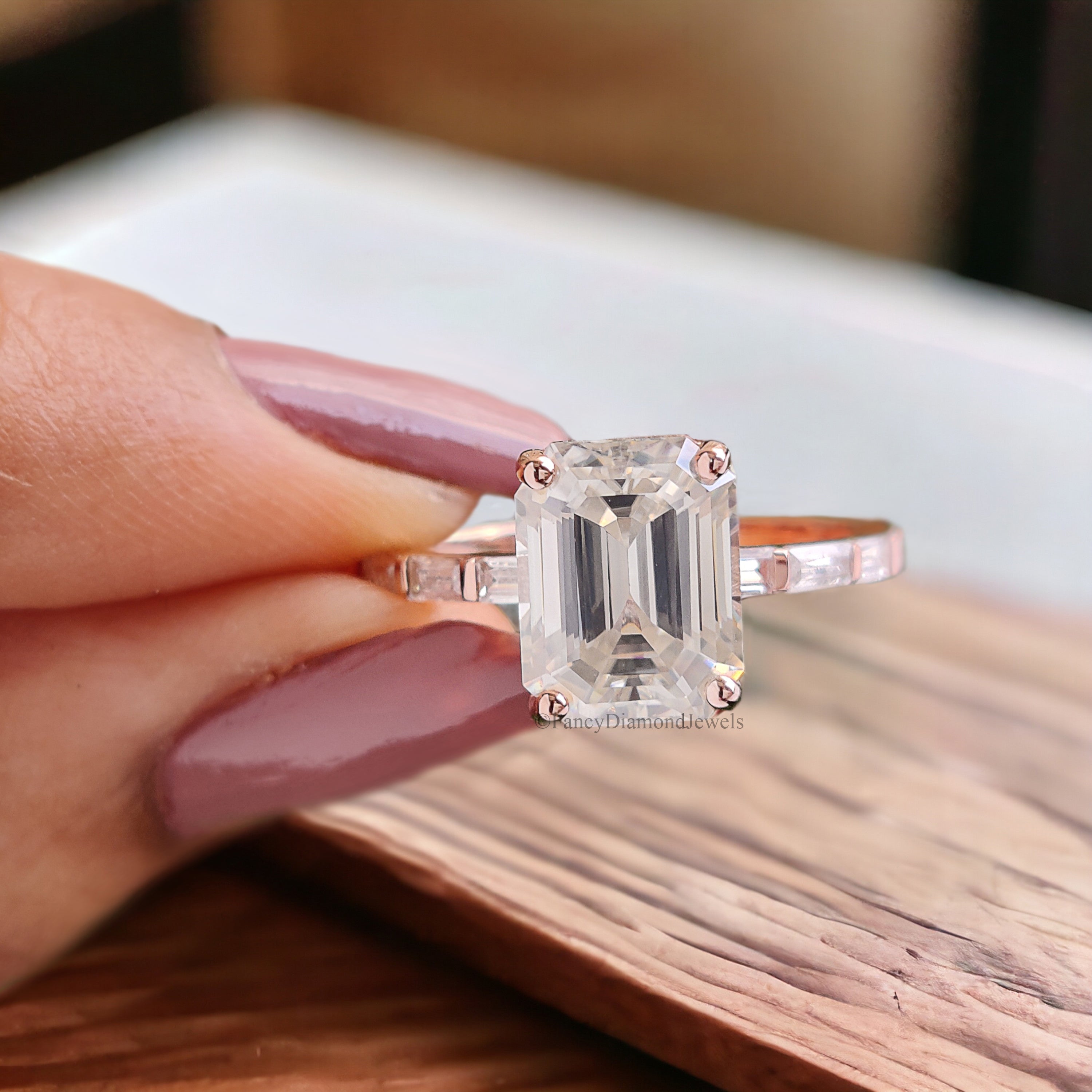 2.45 CT Emerald Cut Colorless Moissanite Engagement Ring Side Baguette Moissanite Wedding Ring Anniversary Gift For Her Handmade Ring FD149