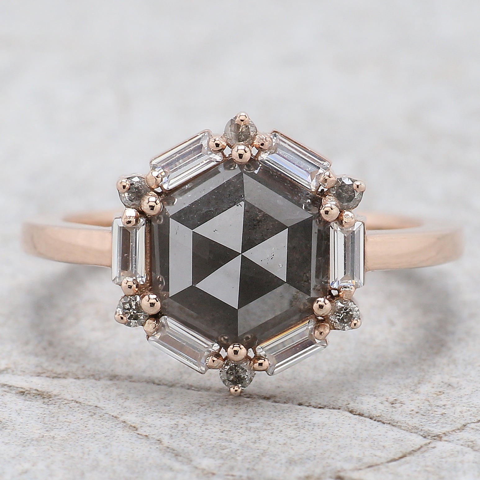 Hexagon Cut Salt And Pepper Diamond Ring 2.28 Ct 9.10 MM Hexagon Cut Diamond Ring 14K Rose Gold Silver Engagement Ring Gift For Her QL1162