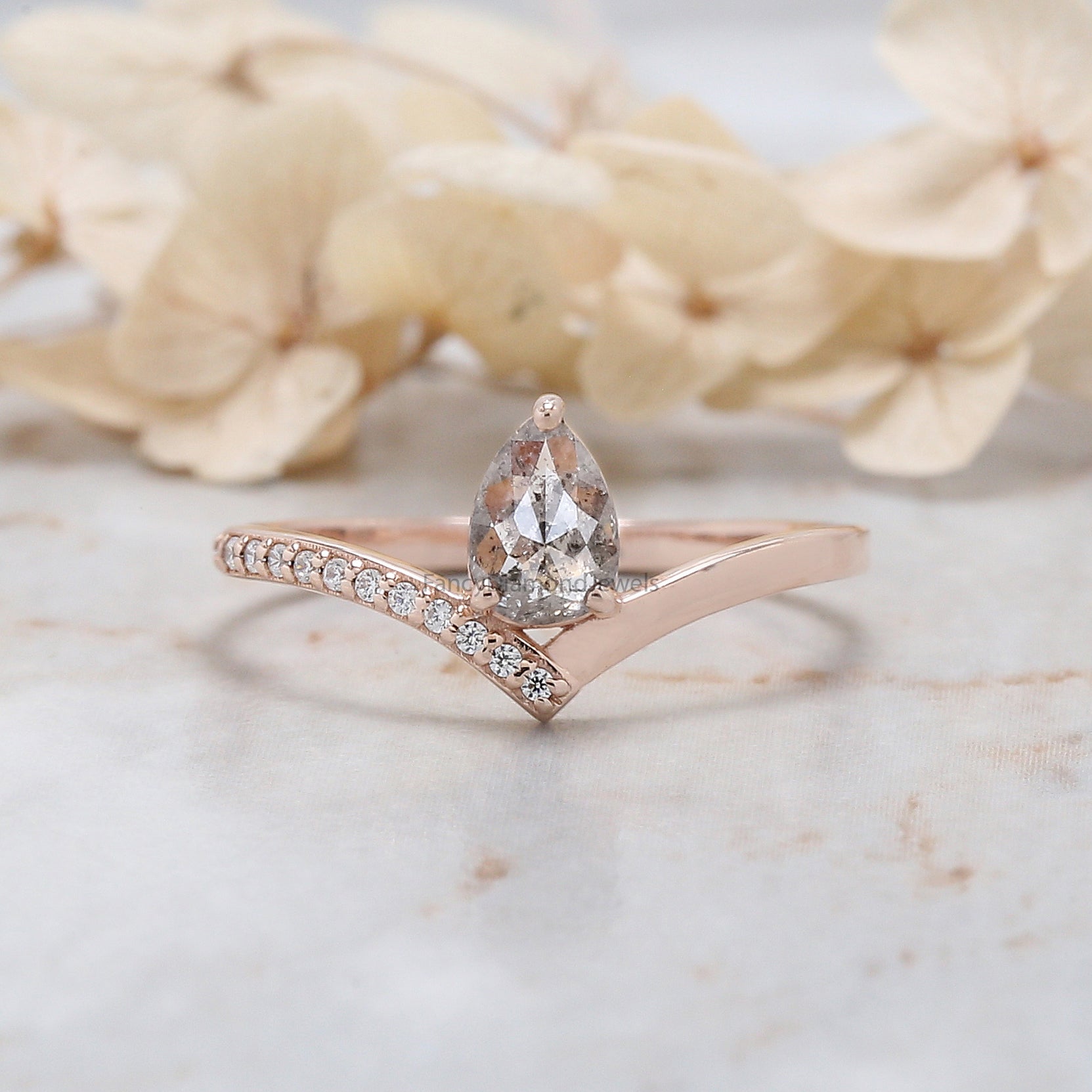 Pear Cut Salt And Pepper Diamond Ring 0.39 Ct 5.95 MM Pear Diamond Ring 14K Solid Rose Gold Silver Pear Engagement Ring Gift For Her QN606