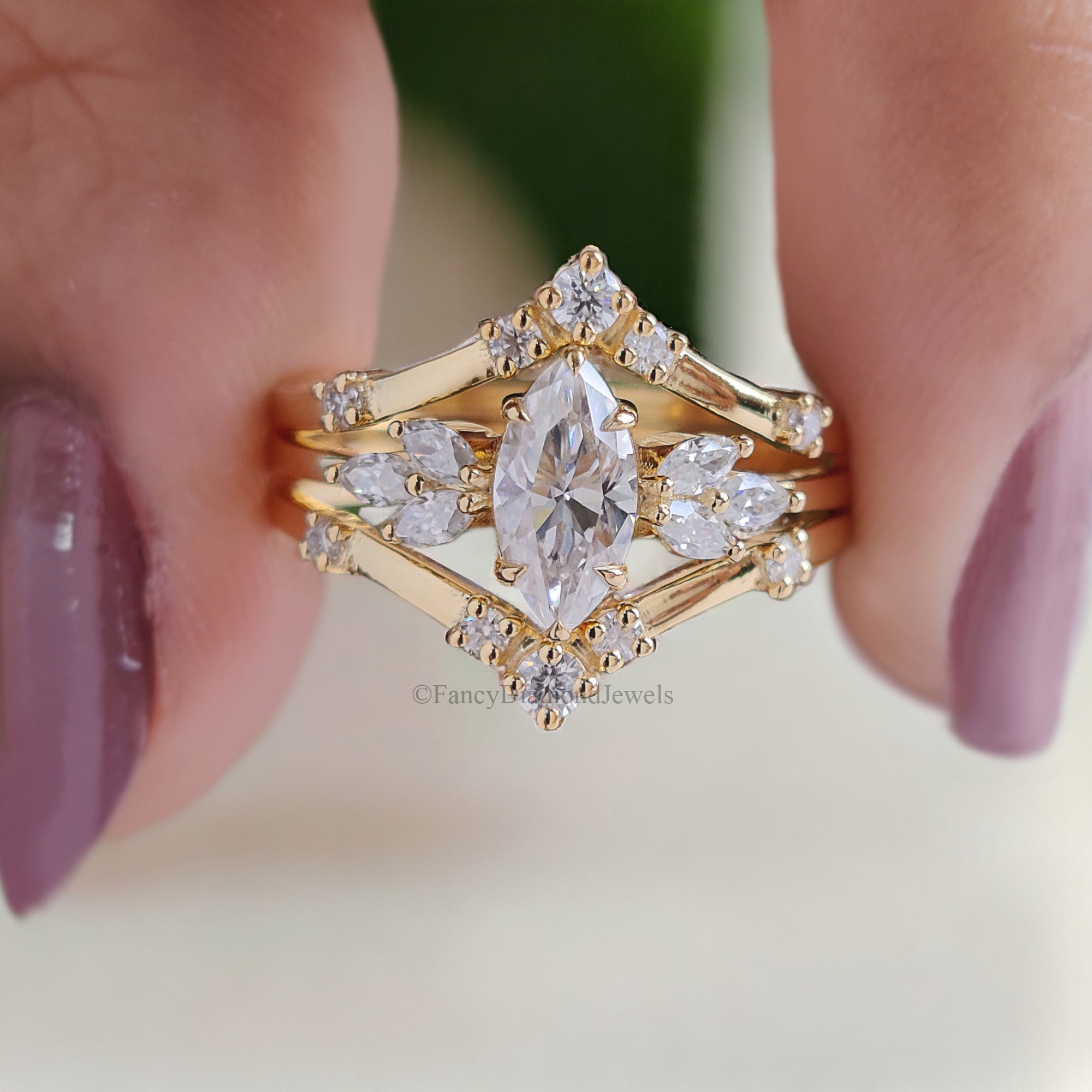 3PCS Marquise Moissanite Engagement Ring Set Unique Cluster Engagement Ring Yellow Gold Vintage Swist Ring Bridal Anniversary Ring FD122