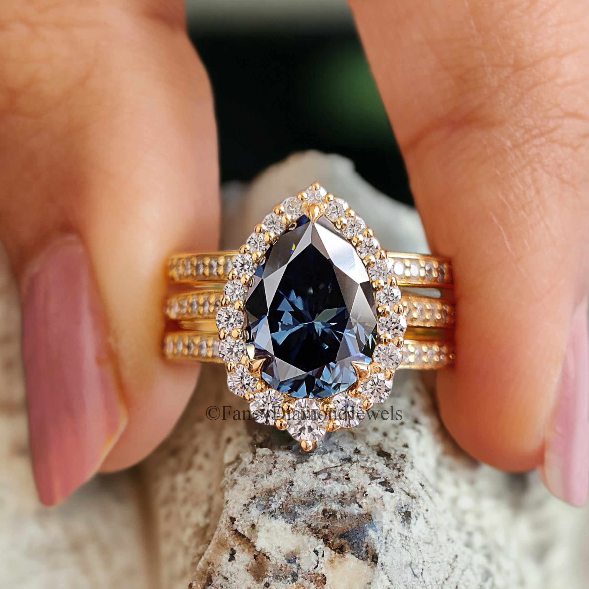 Pear Royal Blue Moissanite Ring Halo Engagement Ring 2.15 CT Pear Shaped Three Piece Proposal Ring Set For Her Anniversary Gift Ring FD232