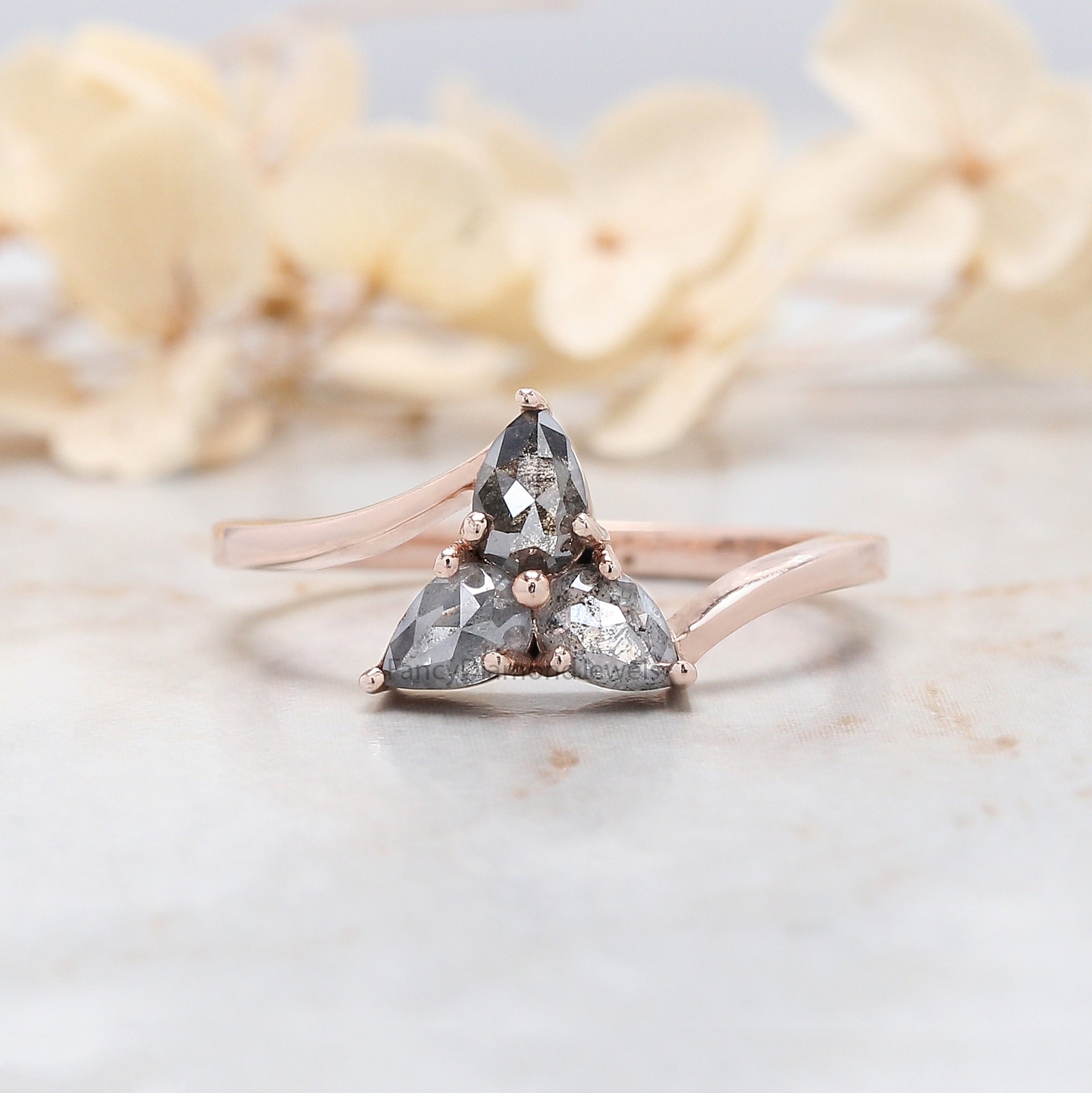 Pear Cut Salt And Pepper Diamond Ring 0.62 Ct 4.90 MM Pear Diamond Ring 14K Solid Rose Gold Silver Pear Engagement Ring Gift For Her QN1580