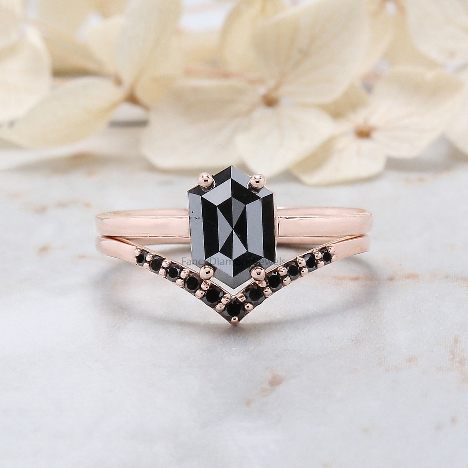 1.13 Ct Natural Hexagon Shape Black Color Diamond Ring 7.90 MM Hexagon Diamond Ring 14K Solid Rose Gold Silver Engagement Ring QL9082