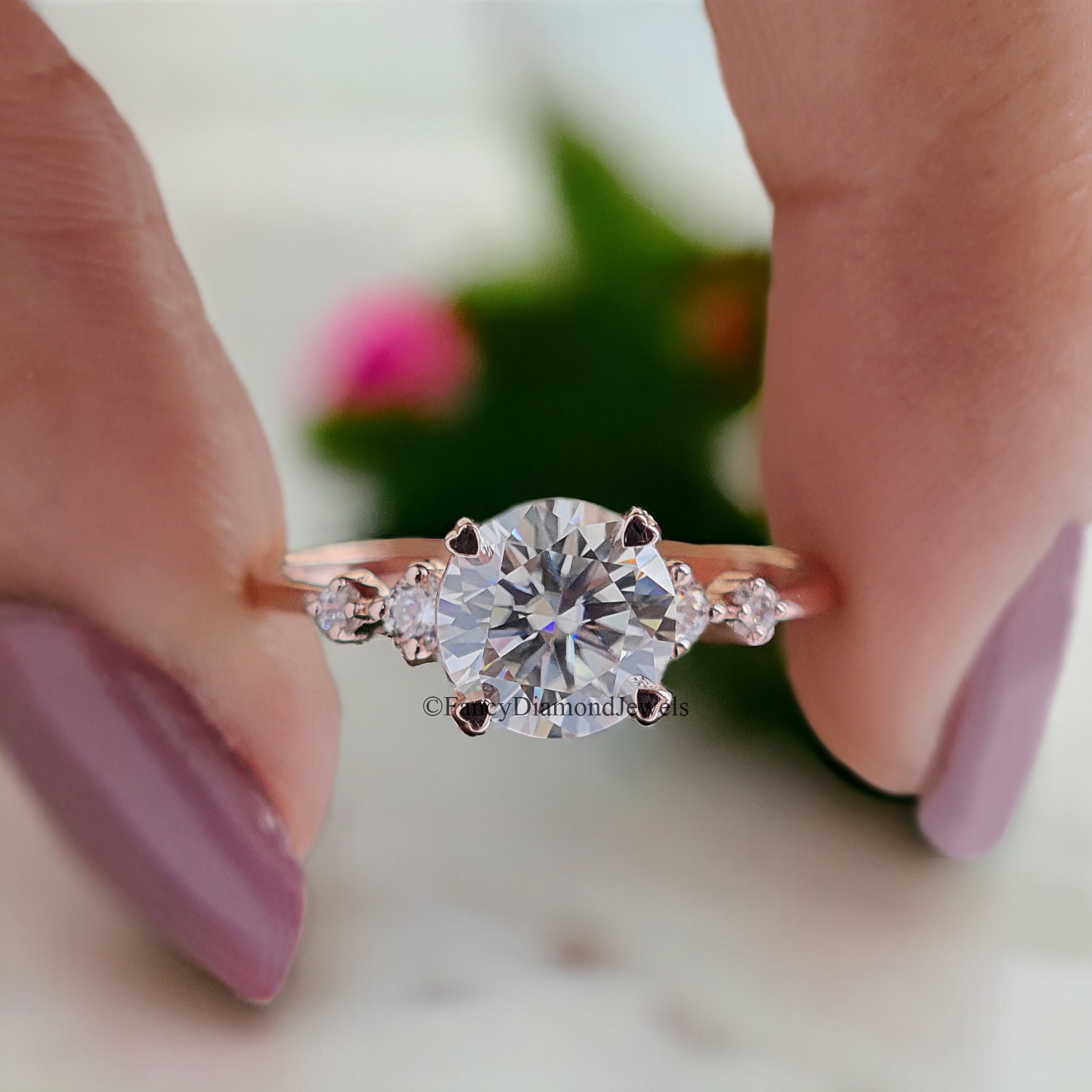 Dainty Engagement Ring 7 MM Round Cut Moissanite Ring 14K Rose Gold Ring Prong Set Ring Stack Ring Promise Bridal Ring Ring For Women FD105