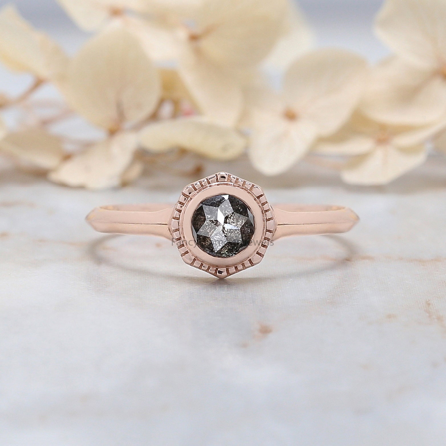 Round Rose Cut Salt And Pepper Diamond Ring, Salt And Pepper Rose Cut Diamond Engagement Ring, Rose Diamond Ring, Round Shape Ring KD1217