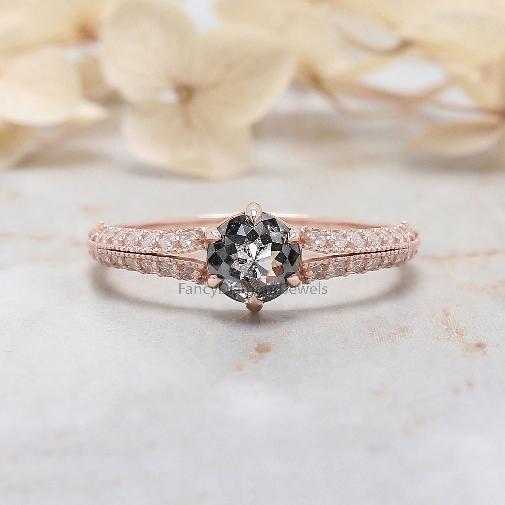 Round Rose Cut Salt And Pepper Diamond Ring 0.83 Ct 5.30 MM Round Diamond Ring 14K Rose Gold Silver Engagement Ring Gift For Her QN9672