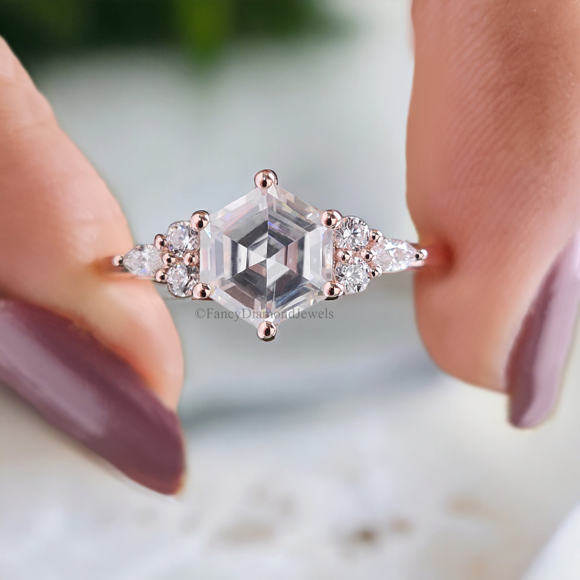 Hexagon Cut Moissanite Engagement Ring Rose Gold Vintage Unique Marquise Diamond Cluster Engagement Ring Delicate Wedding Bridal Ring FD114