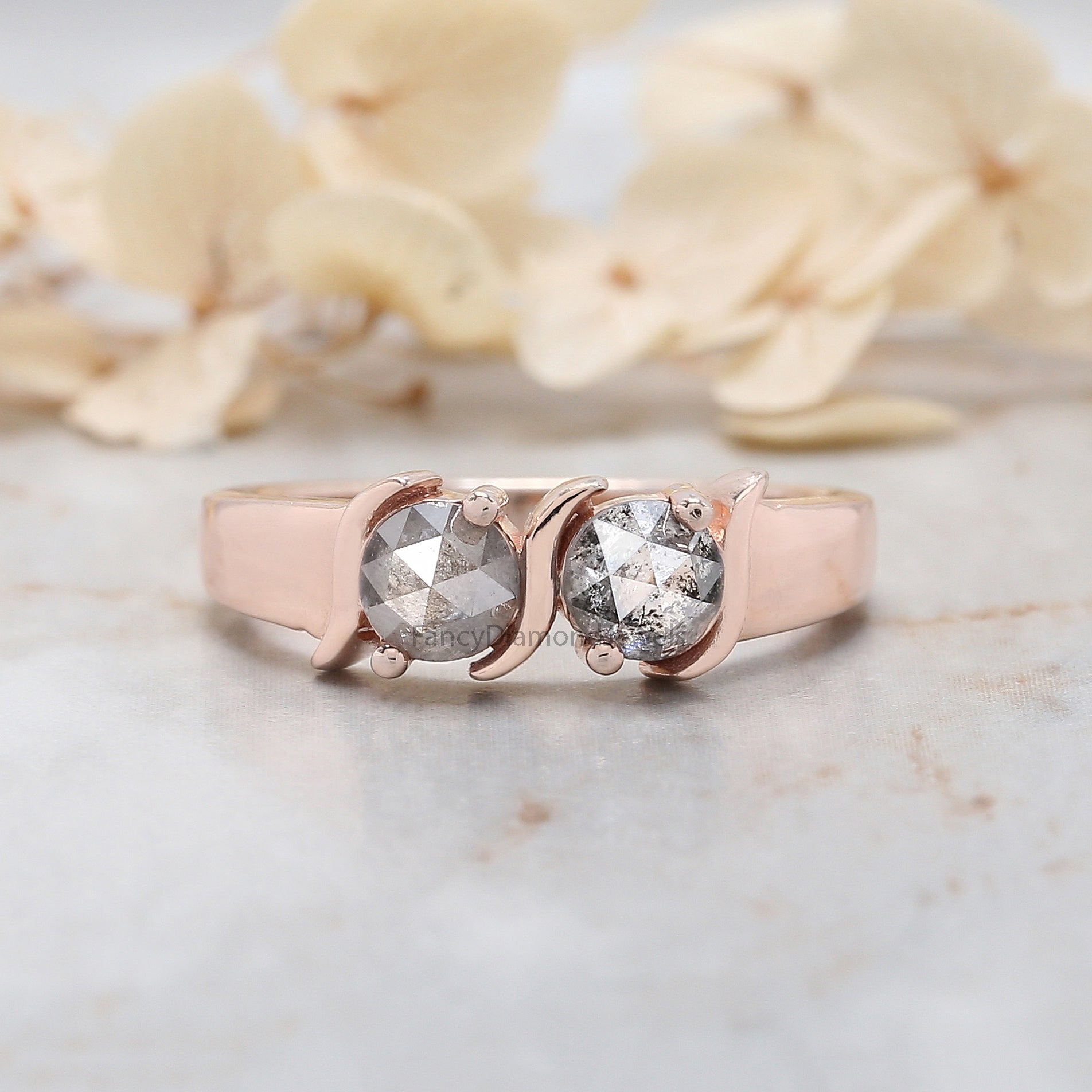 Round Rose Cut Salt And Pepper Diamond Ring 0.95 Ct 4.60 MM Round Diamond Ring 14K Rose Gold Silver Engagement Ring Gift For Her QL1006
