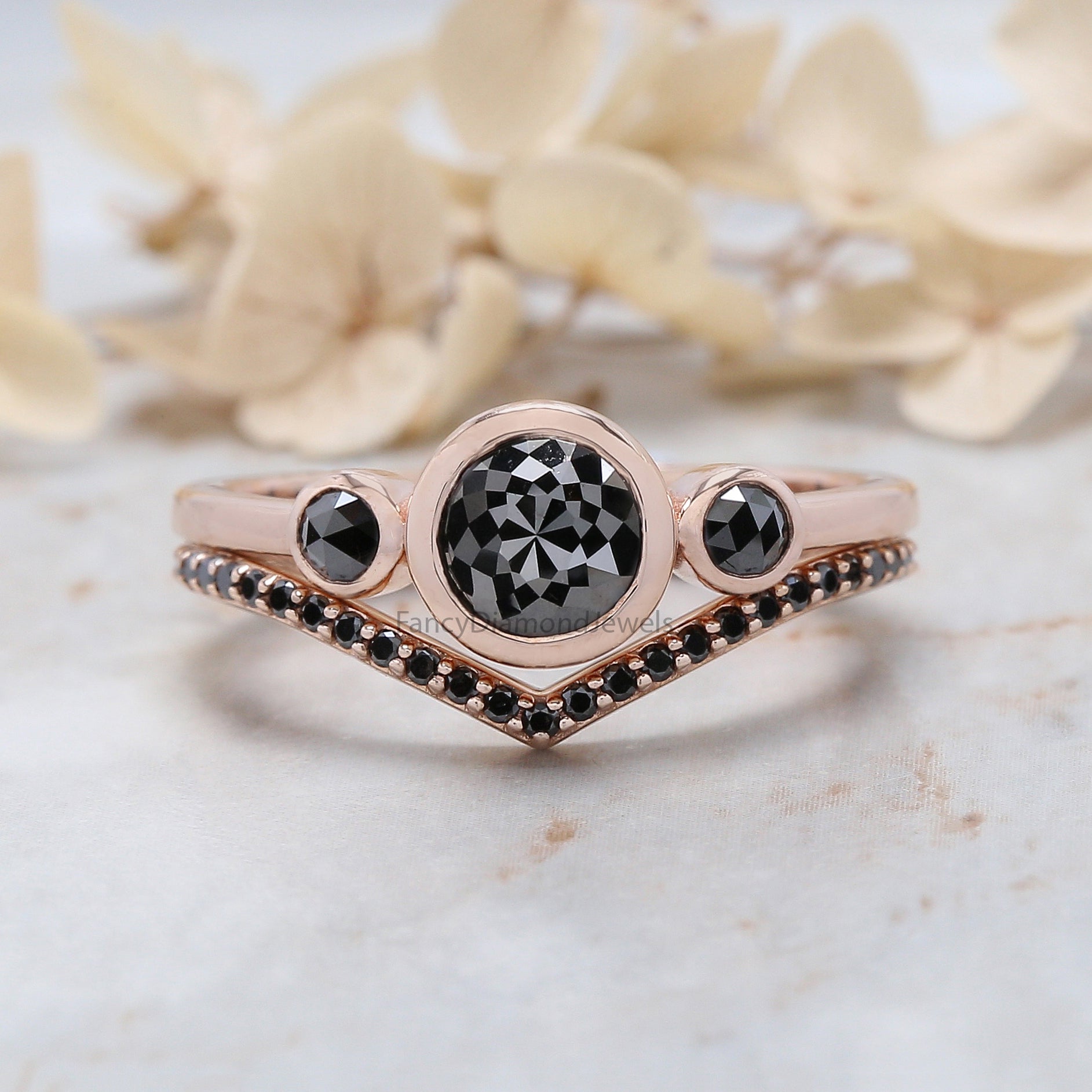 Round Rose Cut Black Color Diamond Ring 1.07 Ct 6.55 MM Round Shape Diamond Ring 14K Rose Gold Silver Engagement Ring Gift For Her QL3031