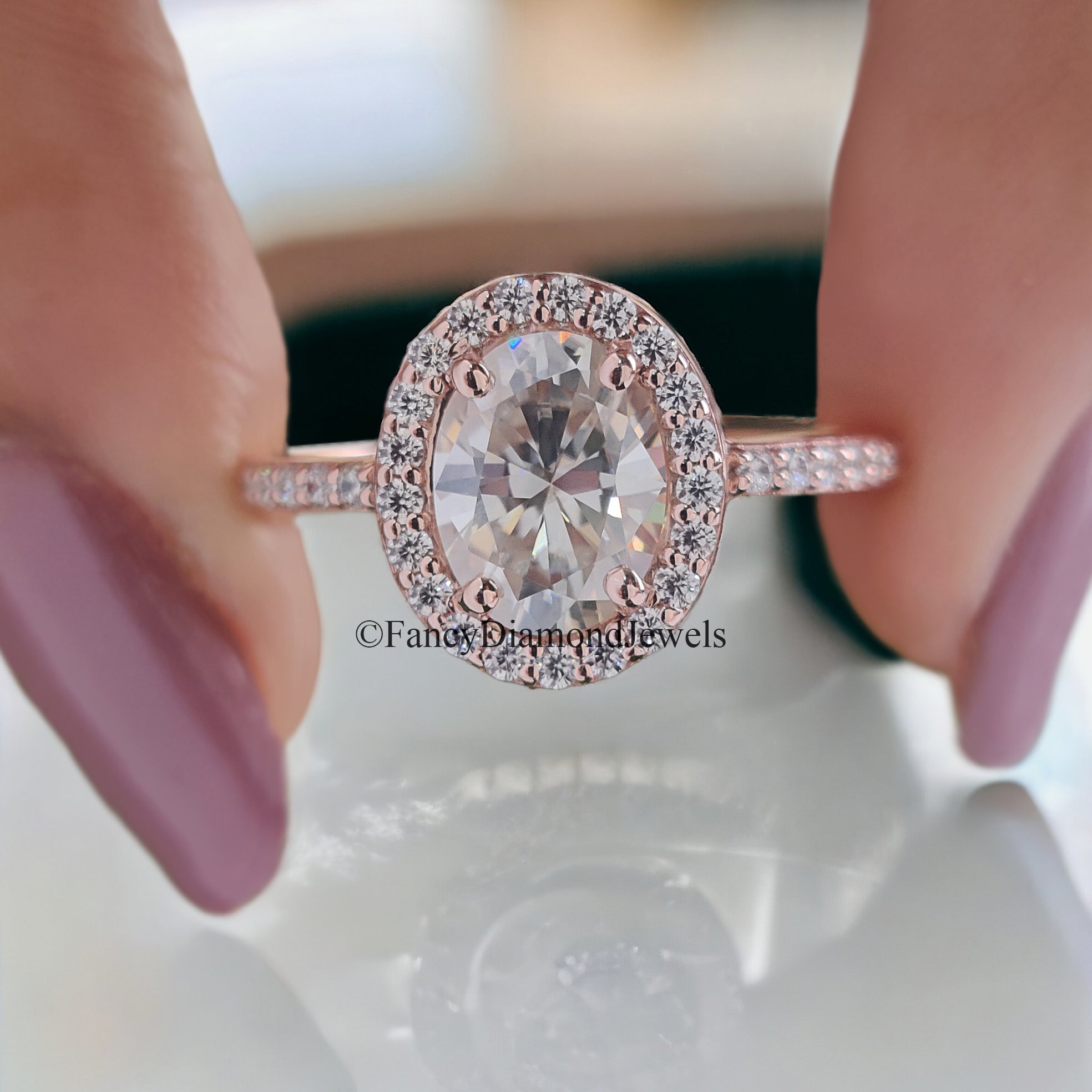 1.05 CT Oval Cut Moissanite Solitaire Ring 14K Rose Gold Engagement Ring Halo Setting Statement Ring Gift For Her Anniversary Ring FD93
