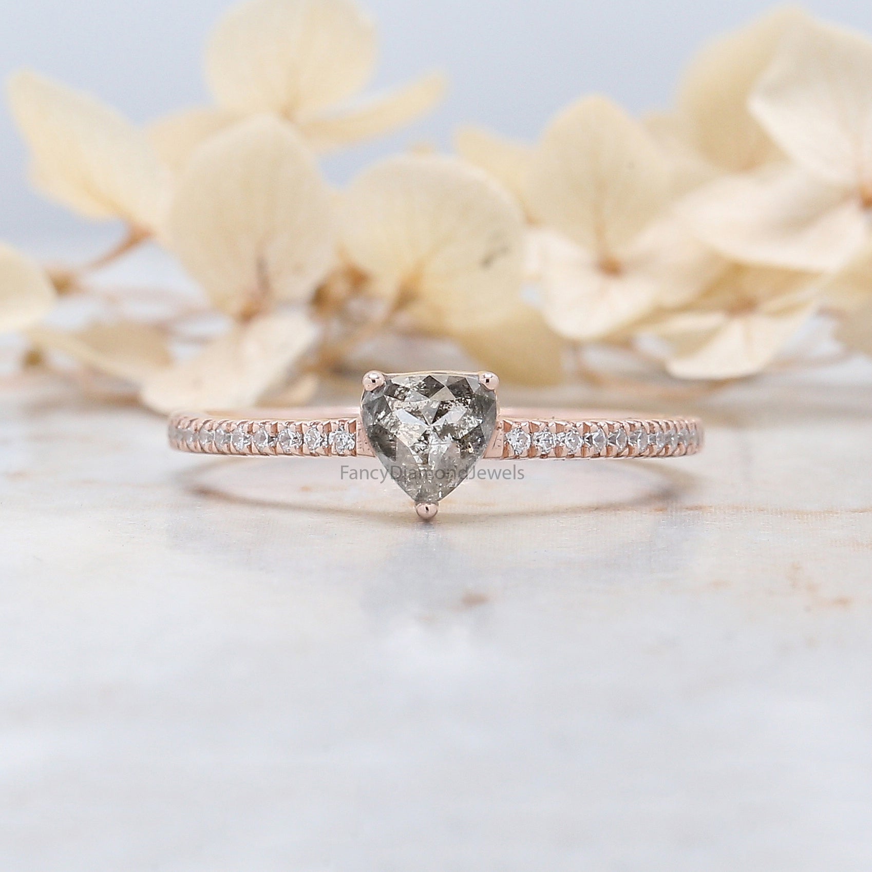 Heart Salt And Pepper Diamond Ring 0.50 Ct 4.85 MM Heart Shape Diamond Ring 14K Solid Rose Gold Silver Engagement Ring Gift For Her QL7880