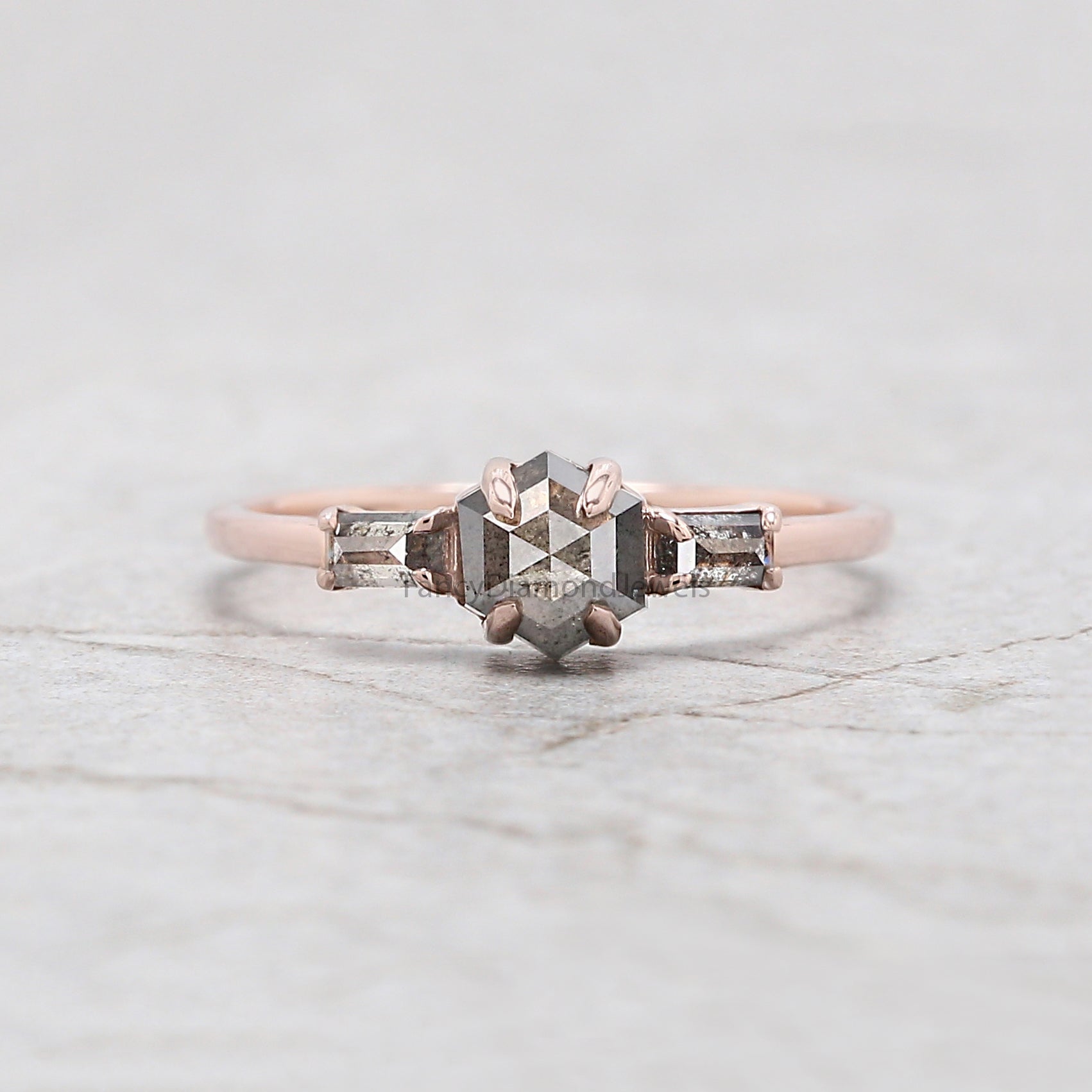 Hexagon Cut Salt And Pepper Diamond Ring 0.88 Ct 5.36 MM Hexagon Cut Diamond Ring 14K Rose Gold Silver Engagement Ring Gift For Her QL2859