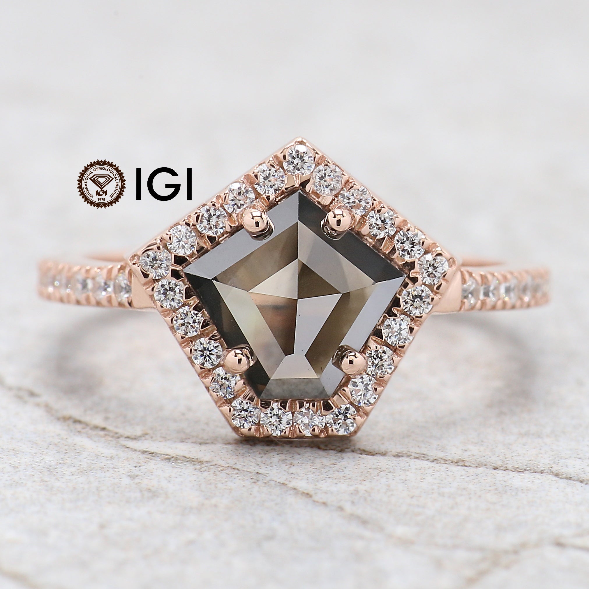 IGI Certified Pentagon Black Color Diamond Ring 1.74 Ct 8.05 MM Pentagon Diamond Ring 14K Solid Rose Gold Silver Engagement Gift Ring QL9381