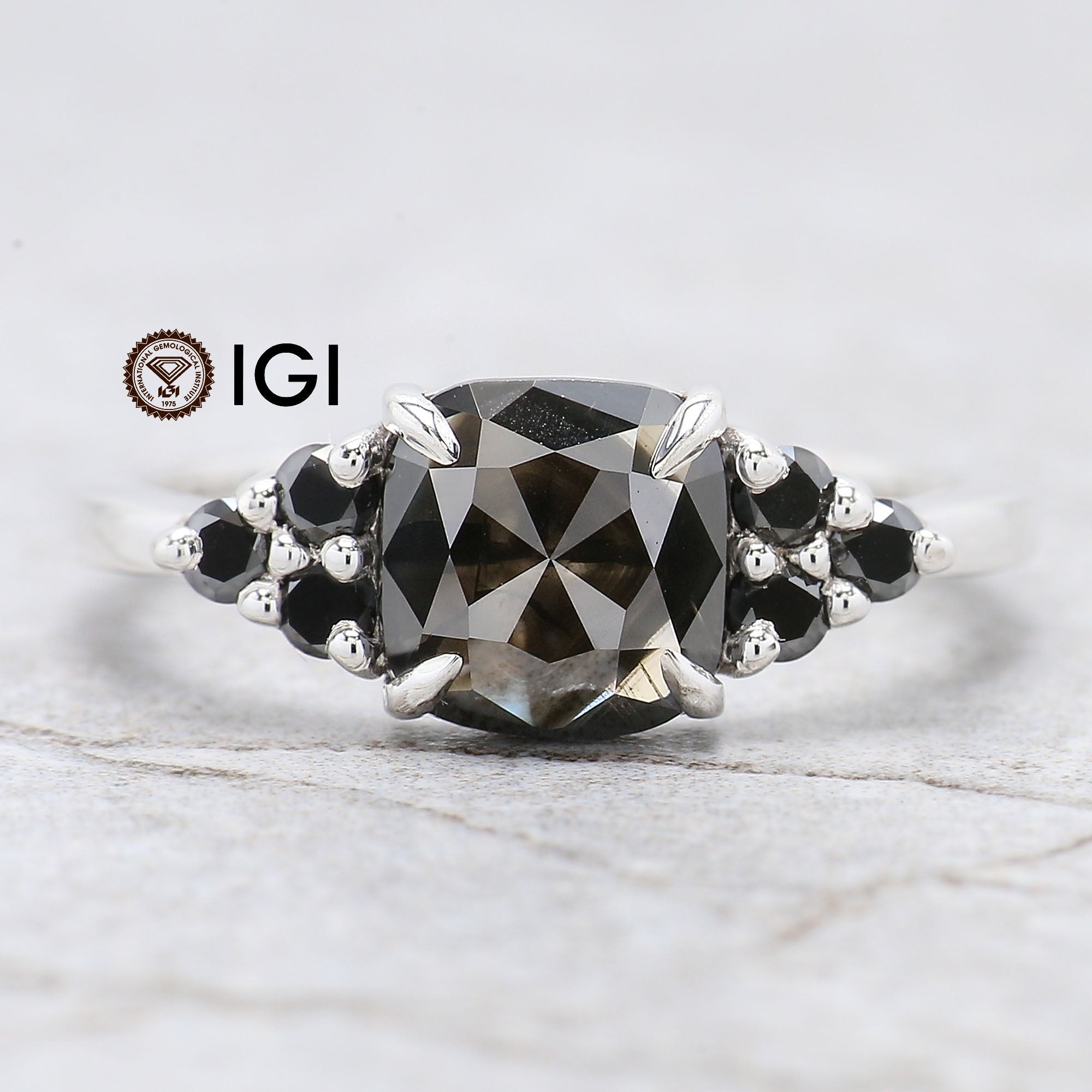 IGI Certified Cushion Black Color Diamond Ring 1.54 Ct 7.15 MM Cushion Diamond Ring 14K Solid White Gold Silver Engagement Ring Gift For Her QL9398