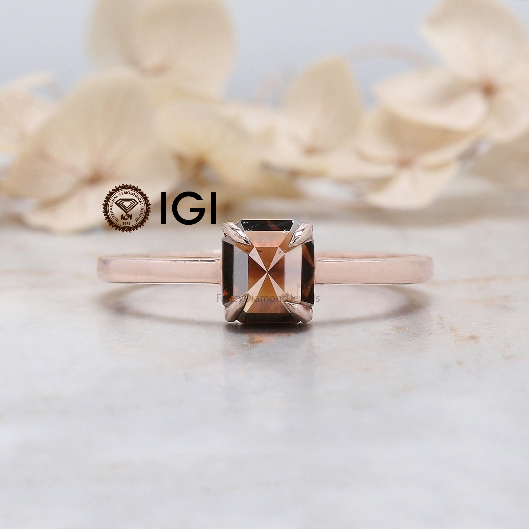 IGI Certified Emerald Brown Diamond Ring 1.10 Ct 5.90 MM Emerald Diamond Ring 14K Rose Gold Silver Engagement Ring Gift For Her QL7721