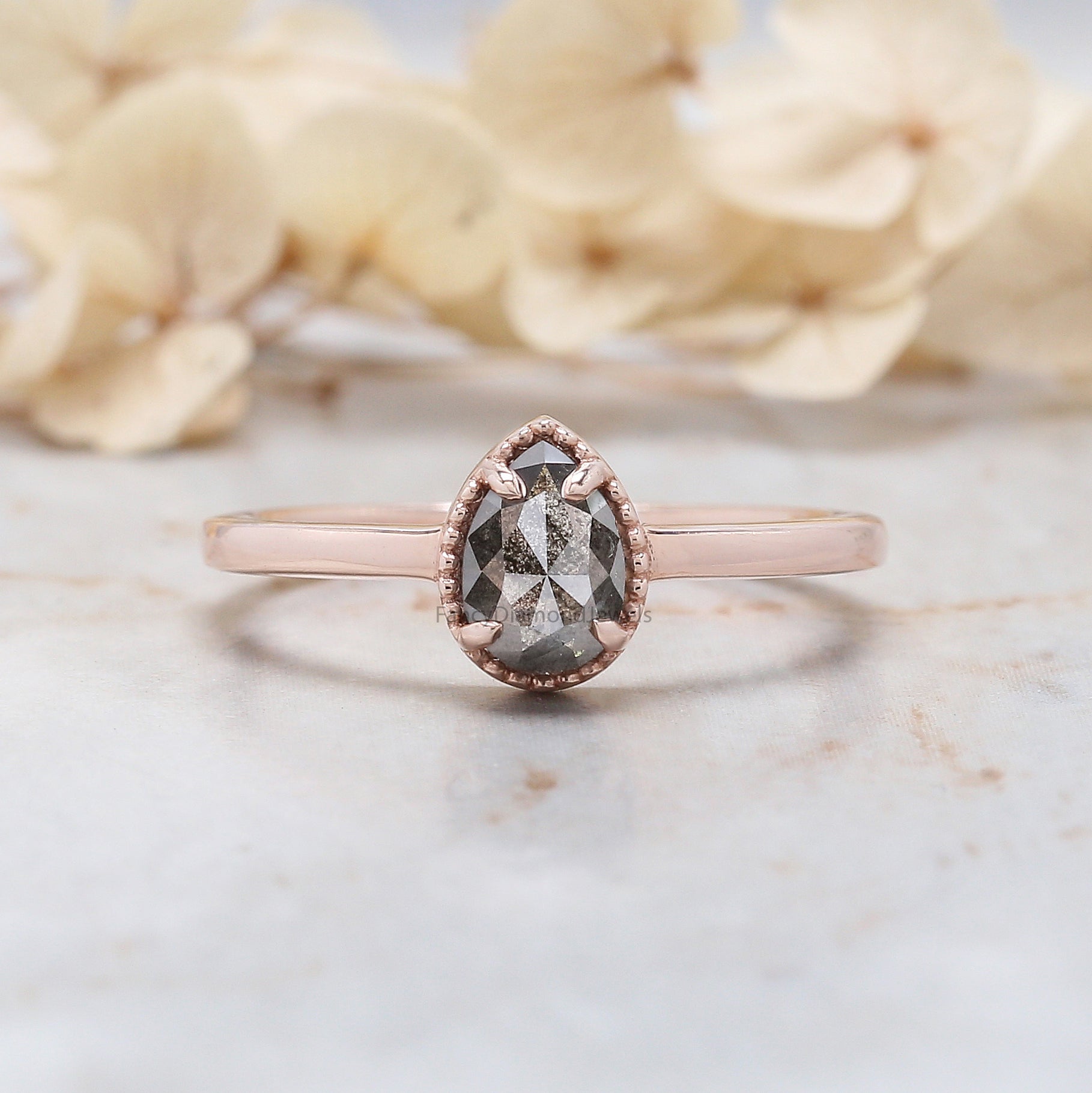 0.70 Ct Natural Pear Cut Salt And Pepper Diamond Ring 6.52 MM Pear Diamond Ring 14K Solid Rose Gold Silver Engagement Ring Pear Ring QL2359