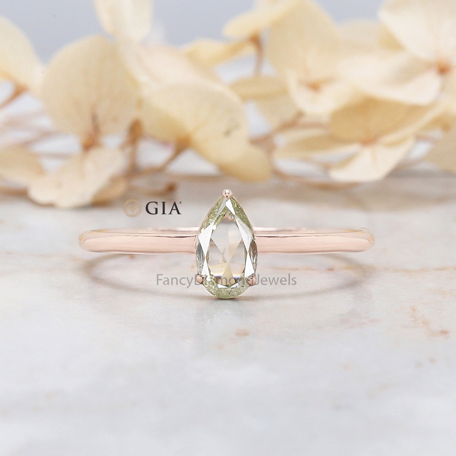 GIA Certified Pear Green Color Diamond Ring 0.32 Ct 6.63 MM Pear Diamond Ring 14K Solid Rose Gold Silver Engagement Ring Gift For Her QL4429