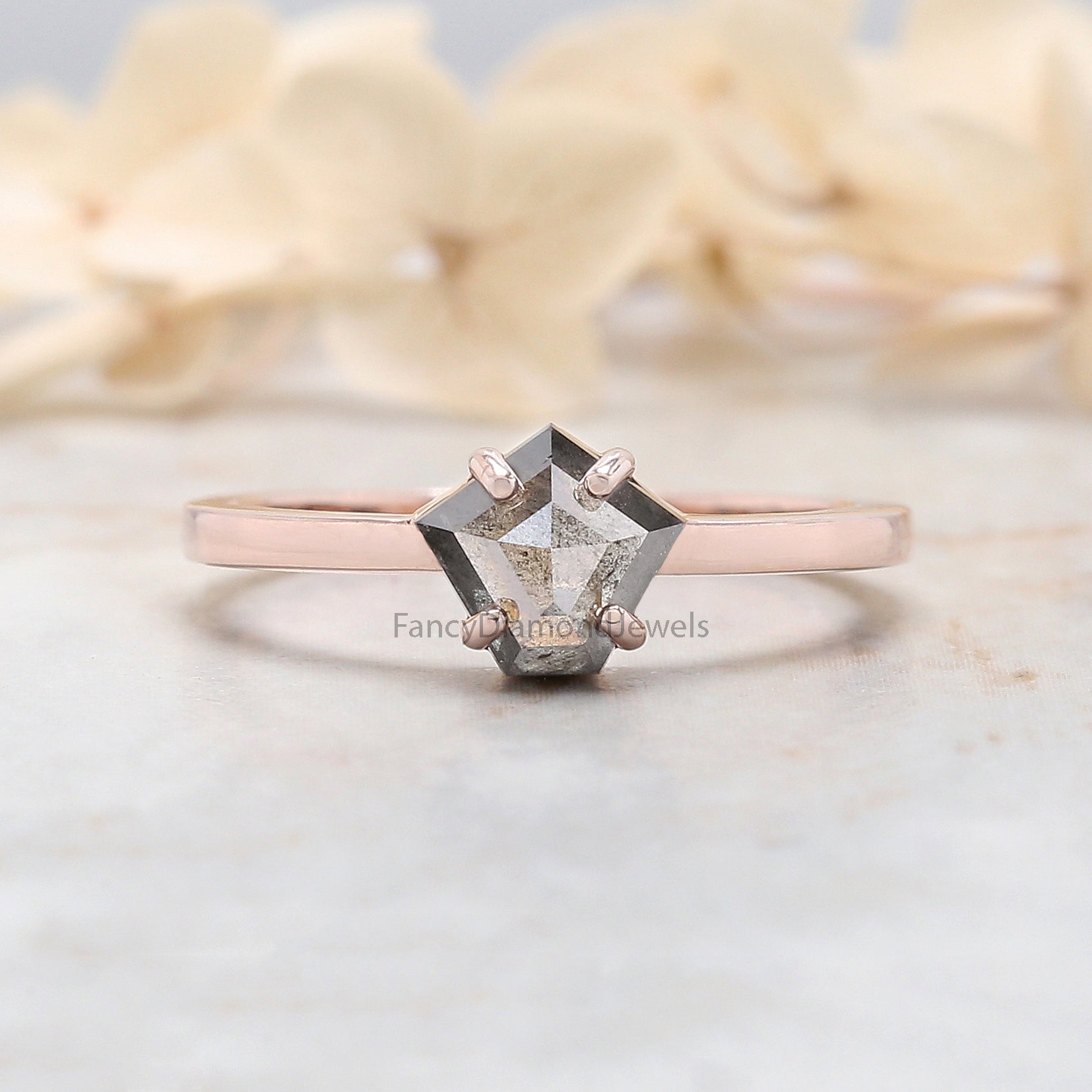 Pentagon Cut Salt And Pepper Diamond Ring 0.92 Ct 6.60 MM Pentagon Diamond Ring 14K Rose Gold Silver Engagement Ring Gift For Her QL438