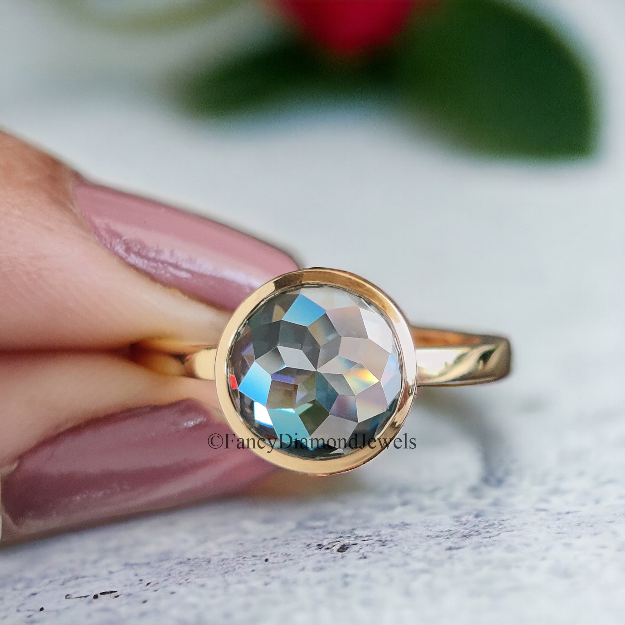 Round Rose Cut Moissanite Bezel Set Engagement Ring 2.35 ct Blue Green Moissanite Round Rose Cut Yellow Gold Silver Ring Gift For Her FD55