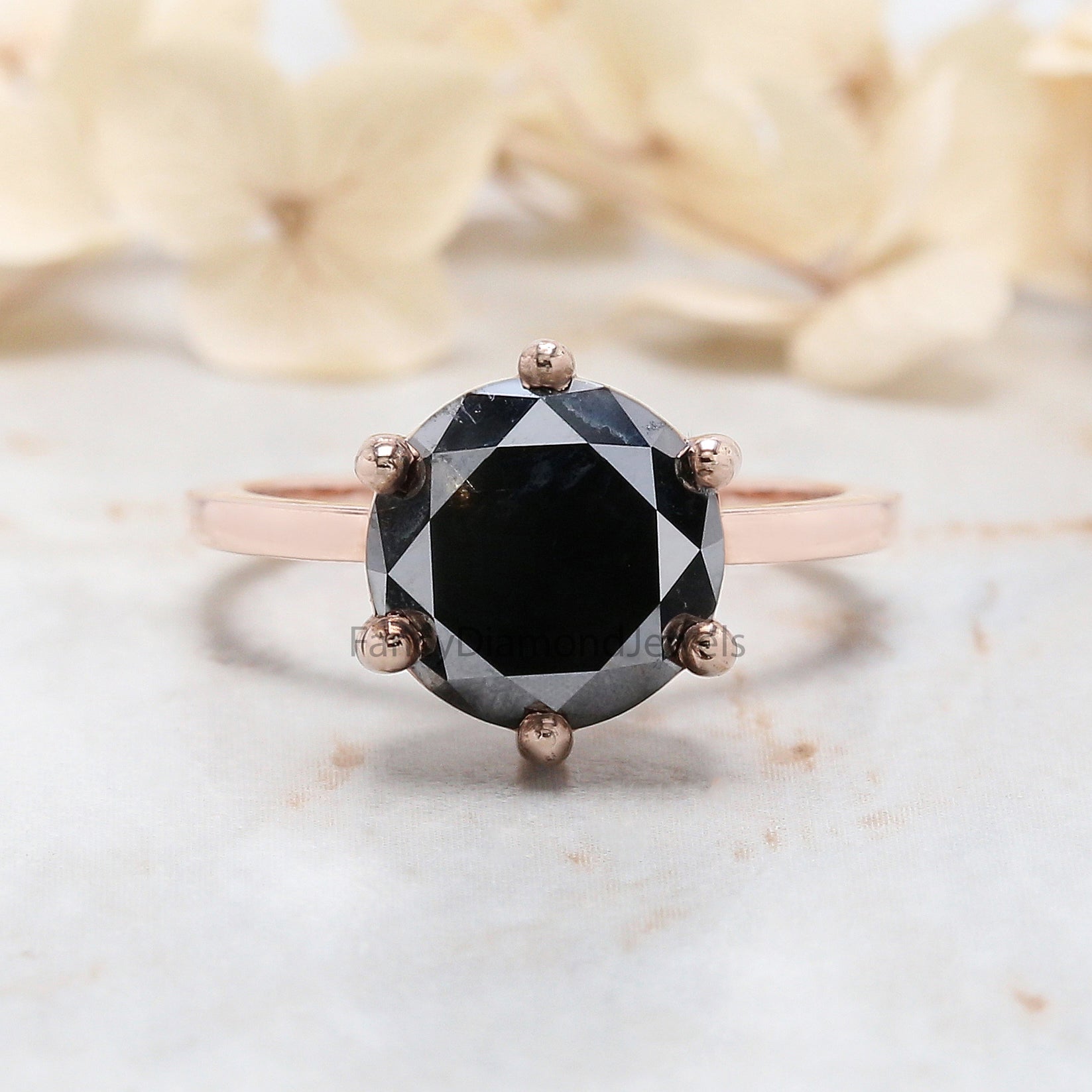 Round Shape Black Color Diamond Ring 4.23 Ct 9.67 MM Round Cut Diamond Ring 14K Solid Rose Gold Silver Engagement Ring Gift For Her QL9505