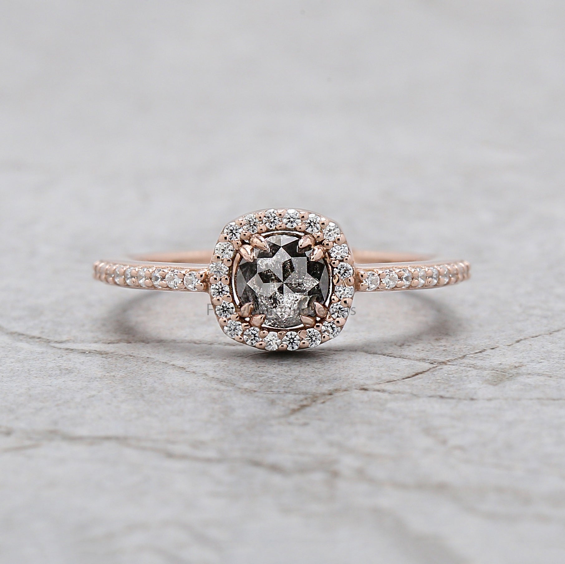 Round Rose Cut Salt And Pepper Diamond Ring 0.51 Ct 4.83 MM Round Diamond Ring 14K Rose Gold Silver Engagement Ring Gift For Her QL2778