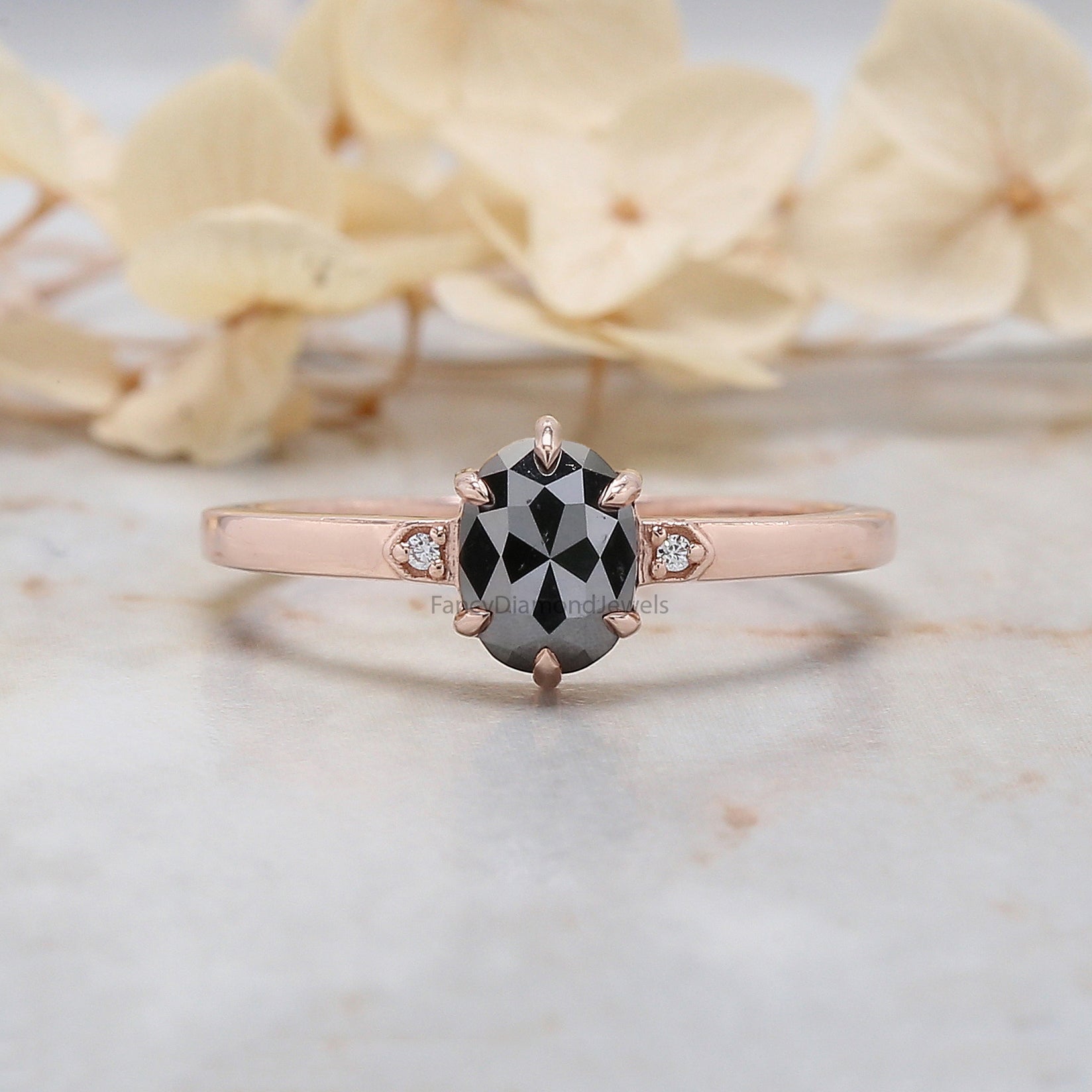 0.84 Ct Natural Oval Black Color Diamond Ring 6.57 MM Oval Cut Diamond Ring 14K Solid Rose Gold Silver Engagement Ring Oval Ring QN1977