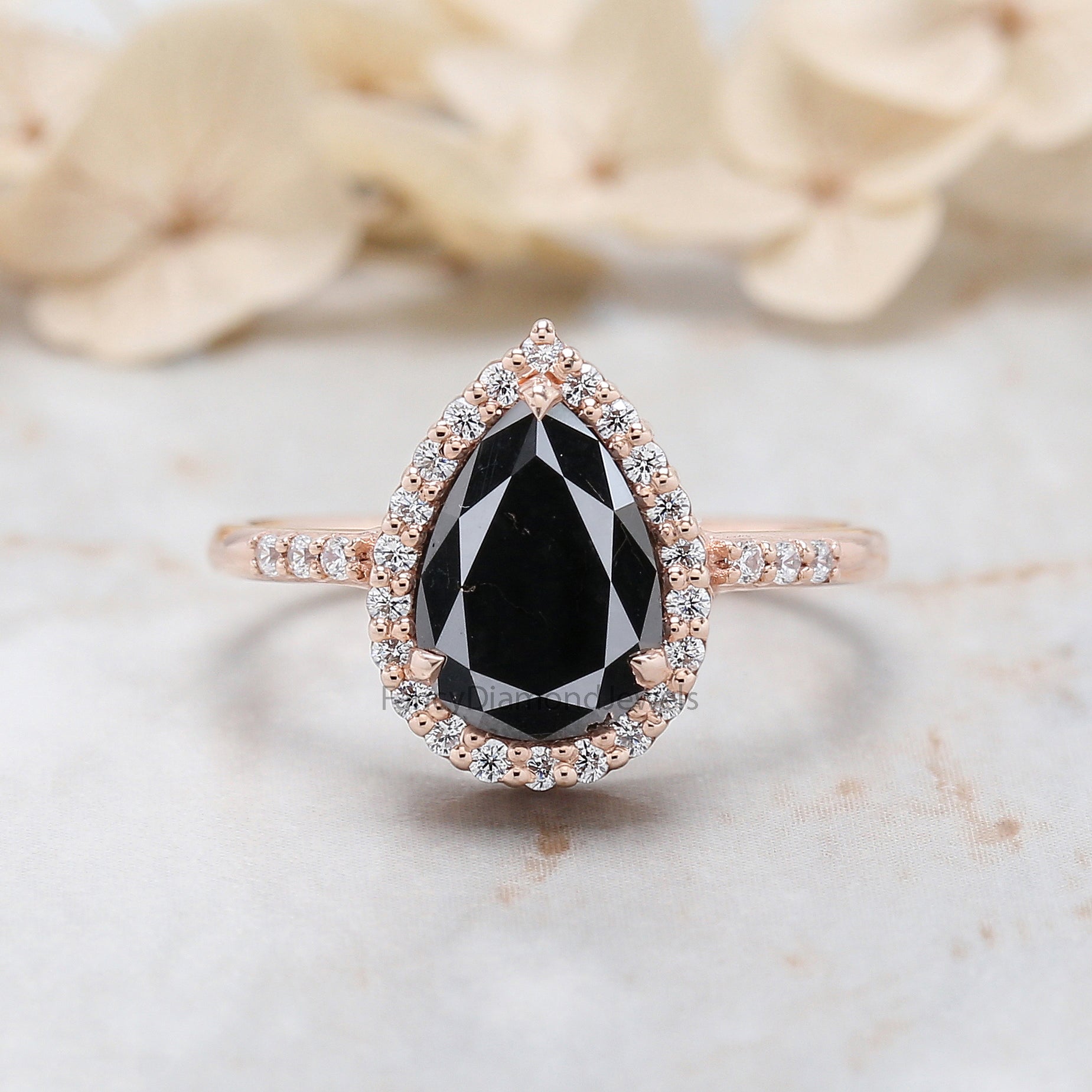 Pear Cut Black Color Diamond Ring 1.97 Ct 9.65 MM Pear Shape Diamond Ring 14K Solid Rose Gold Silver Pear Engagement Ring Gift For Her QN1542