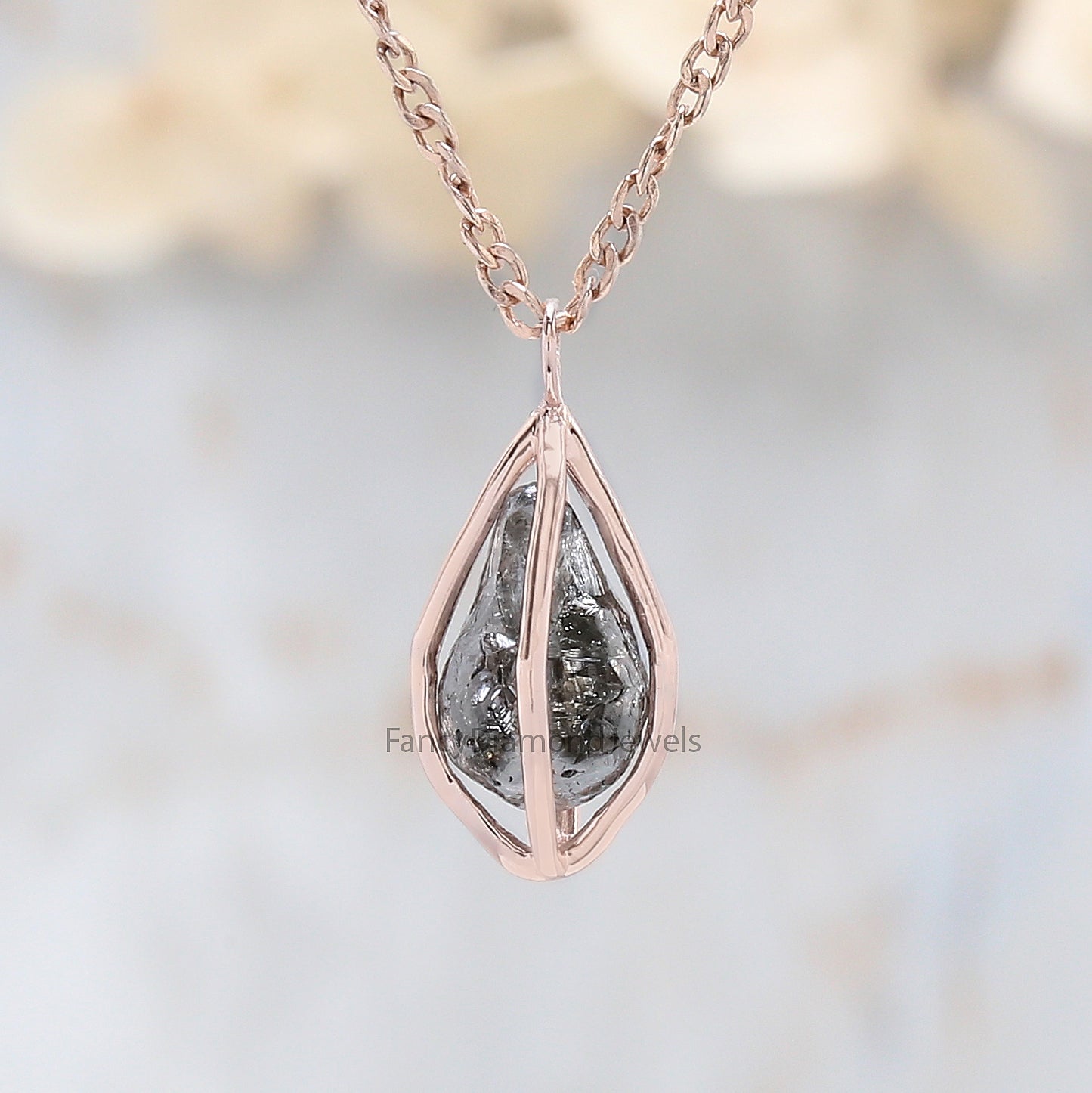 Rough Salt And Pepper Diamond Pendant 2.53 Ct 8.90 MM Rough Diamond Pendant 14K Solid Rose Gold Silver Engagement Pendant Gift For Her QN1436