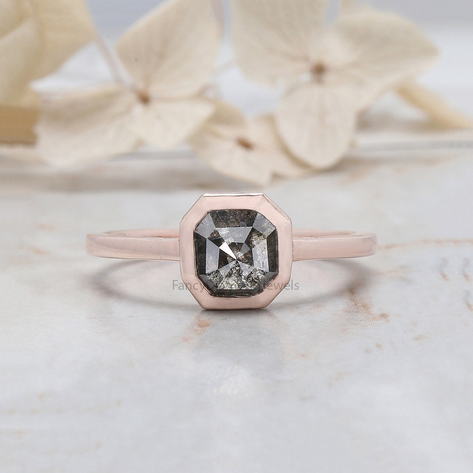 Emerald Cut Salt And Pepper Diamond Ring 1.08 Ct 6.50 MM Emerald Diamond Ring 14K Solid Rose Gold Silver Engagement Ring Gift For Her QL7004