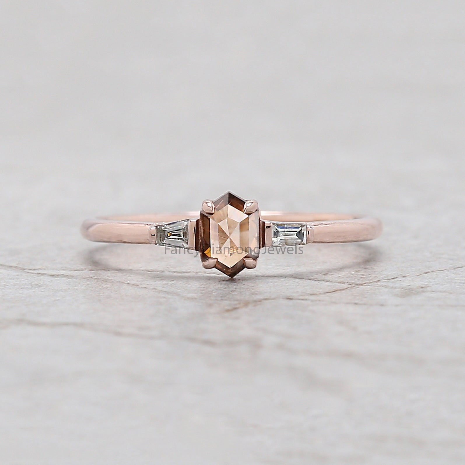 Hexagon Cut Brown Color Diamond Ring 0.37 Ct 5.30 MM Hexagon Shape Diamond Ring 14K Rose Gold Silver Engagement Ring Gift For Her QK2317