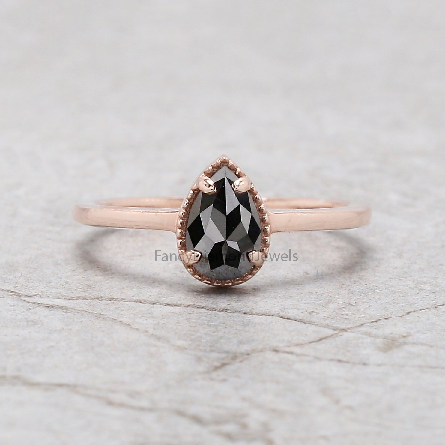 Pear Cut Black Color Diamond Ring 0.61 Ct 7.37 MM Pear Shape Diamond Ring 14K Solid Rose Gold Silver Pear Engagement Ring Gift For Her QN2270