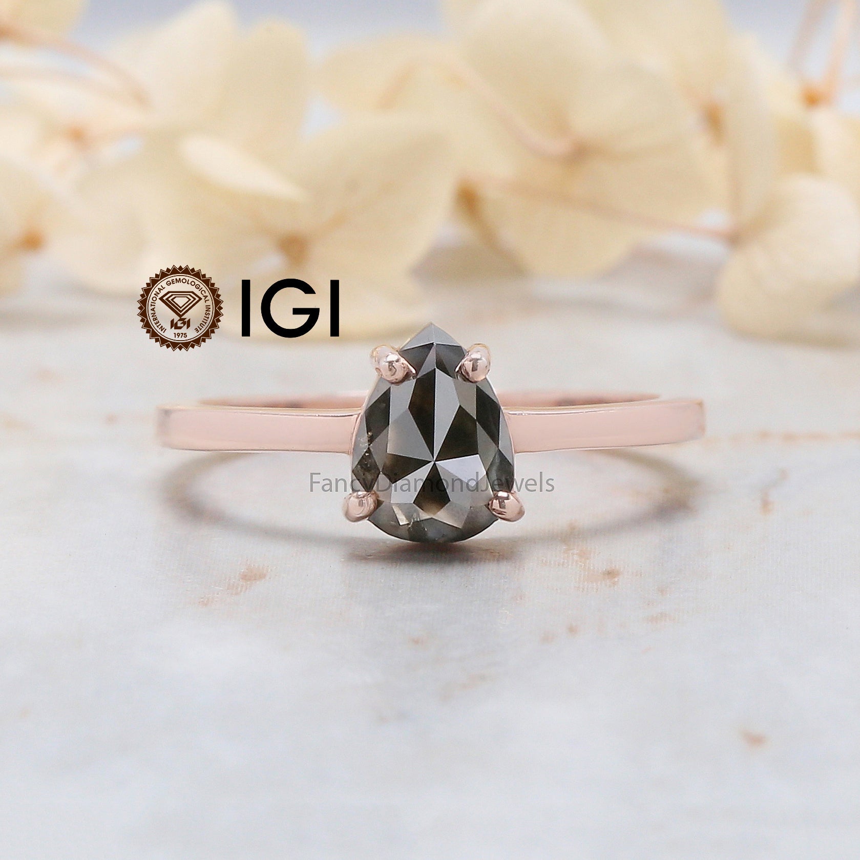IGI Certified Pear Black Color Diamond Ring 1.34 Ct 7.75 MM Pear Diamond Ring 14K Solid Rose Gold Silver Engagement Ring Gift For Her QL9380