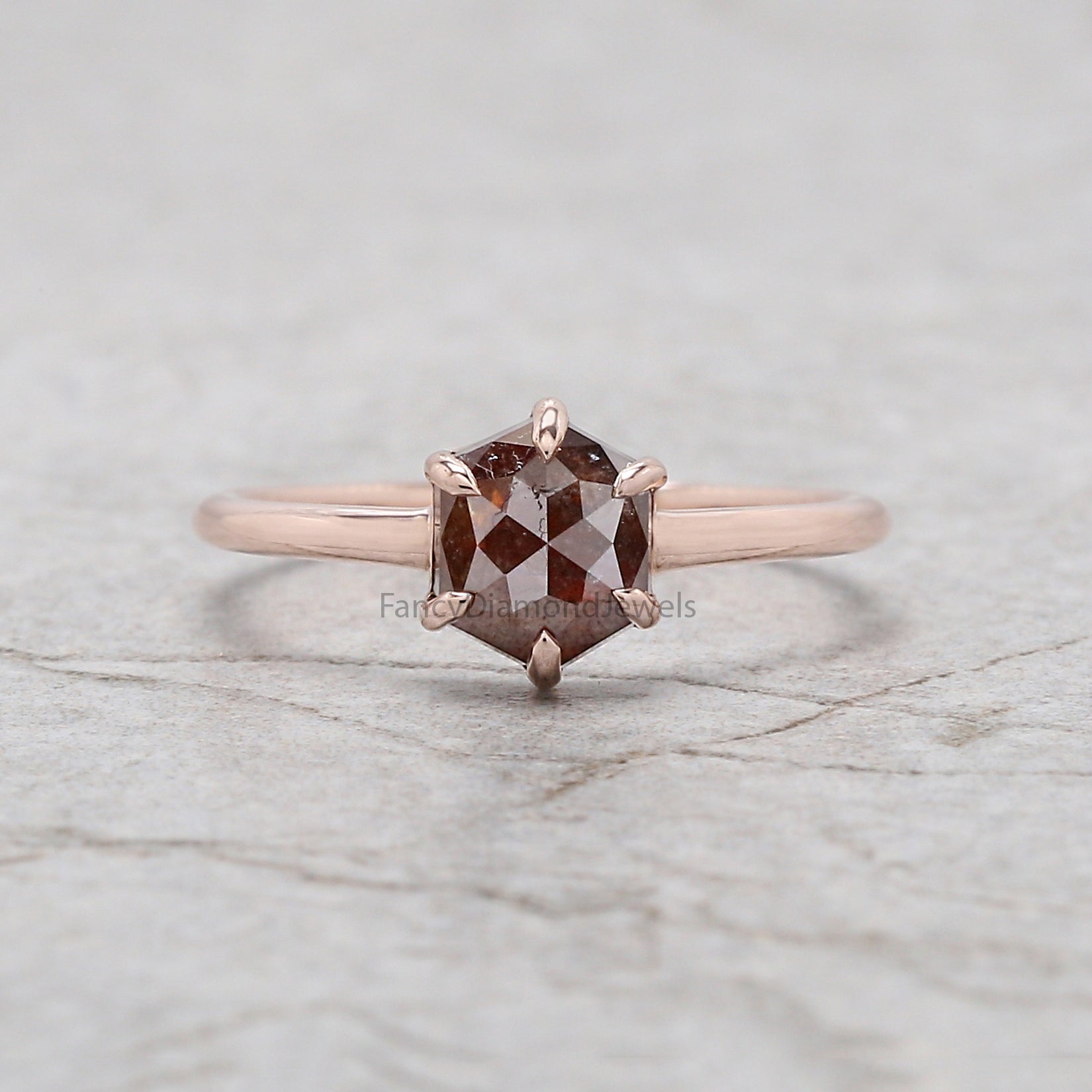 Hexagon Brown Color Diamond Ring 0.96 Ct 6.78 MM Hexagon Shape Diamond Ring 14K Solid Rose Gold Silver Engagement Ring Gift For Her QL2850