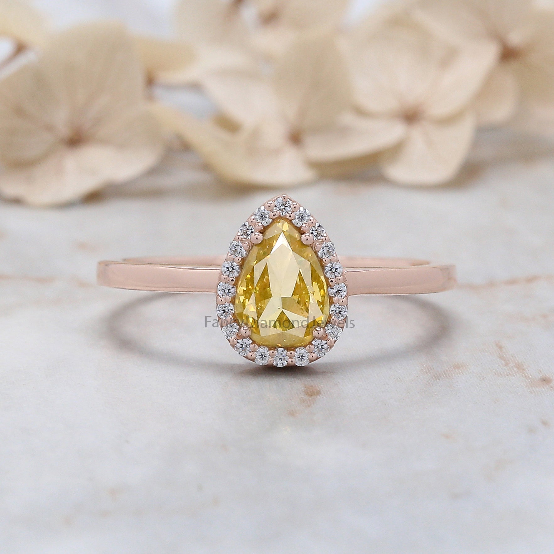 Pear Cut Yellow Color Diamond Ring 0.59 Ct 6.70 MM Pear Diamond Ring 14K Solid Rose Gold Silver Pear Engagement Ring Gift For Her QL6470