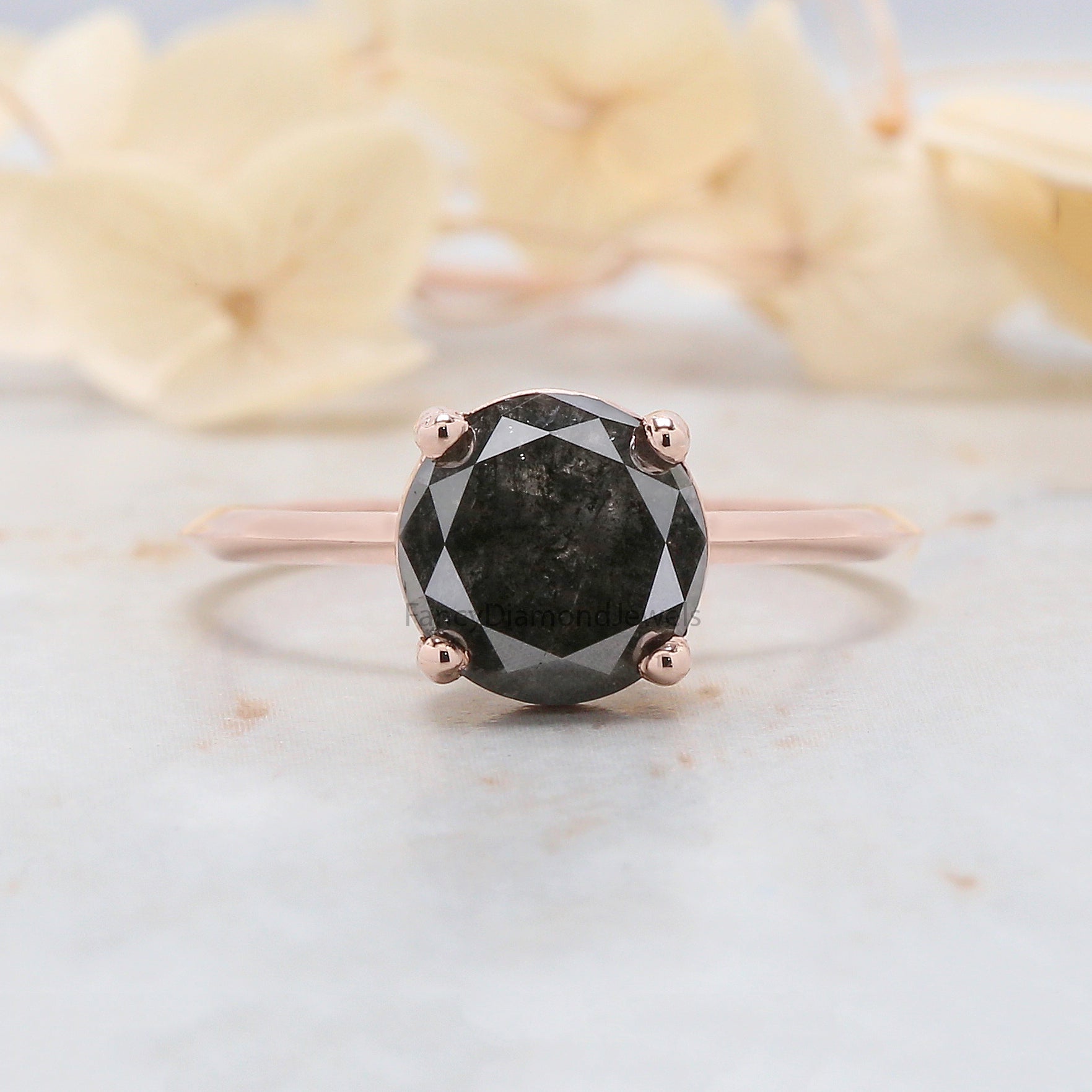 Round Cut Black Color Diamond Ring 2.59 Ct 8.30 MM Round Shape Diamond Ring 14K Solid Rose Gold Silver Engagement Ring Gift For Her QL7395