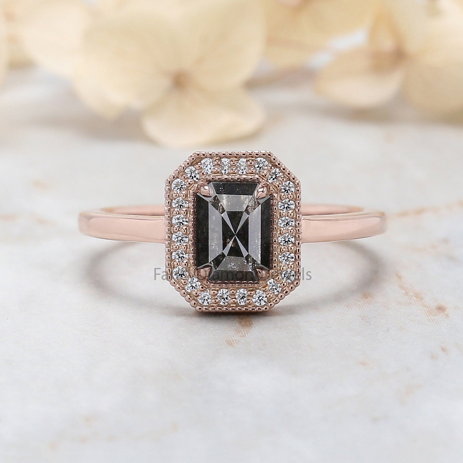 Emerald Cut Salt And Pepper Diamond Ring 0.84 Ct 6.20 MM Emerald Diamond Ring 14K Solid Rose Gold Silver Engagement Ring Gift For Her QN257