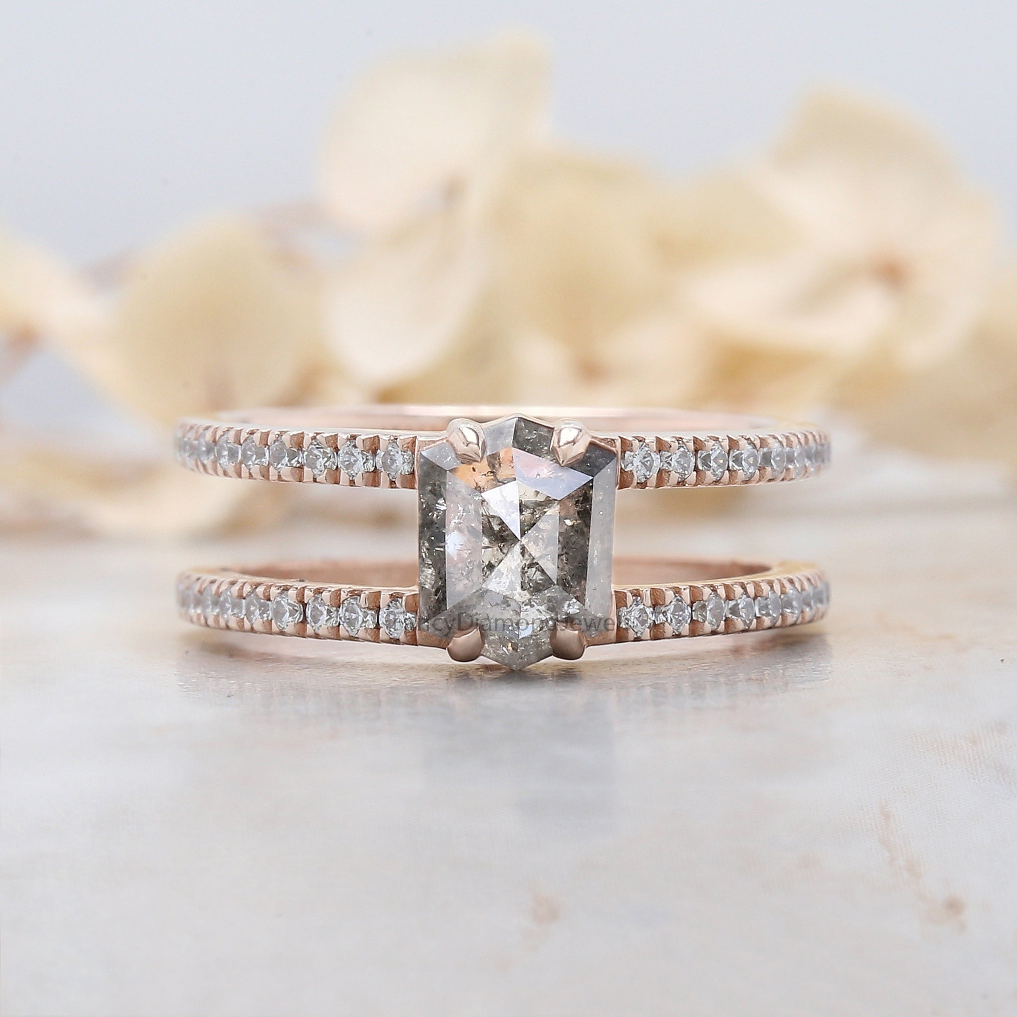 Hexagon Cut Salt And Pepper Diamond Ring 1.30 Ct 7.53 MM Hexagon Cut Diamond Ring 14K Rose Gold Silver Engagement Ring Gift For Her QL2058