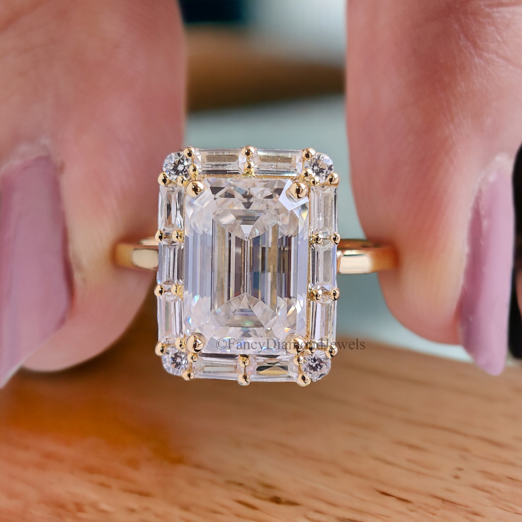 3.00 CT Emerald Cut Colorless Moissanite Engagement Ring Side Baguette Moissanite Wedding Ring Anniversary Gift For Her Handmade Ring FD140