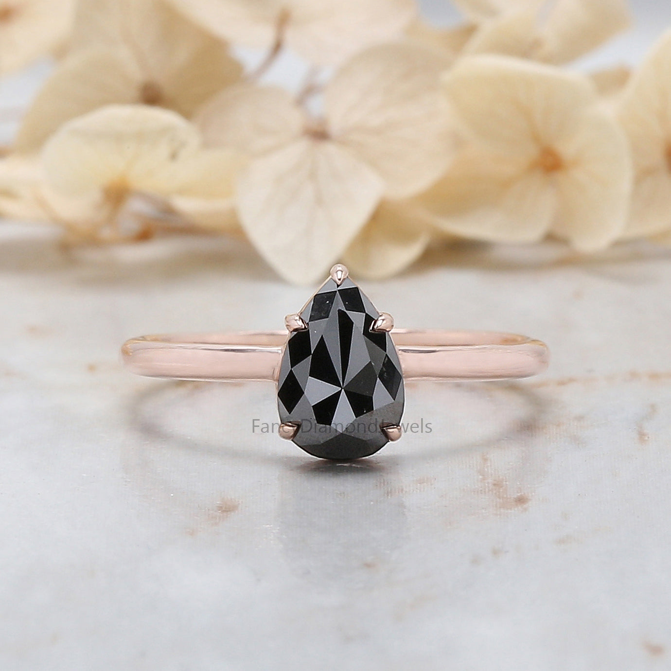 1.27 Ct Natural Pear Shape Black Color Diamond Ring 8.10 MM Pear Cut Diamond Ring 14K Solid Rose Gold Silver Engagement Ring QN551