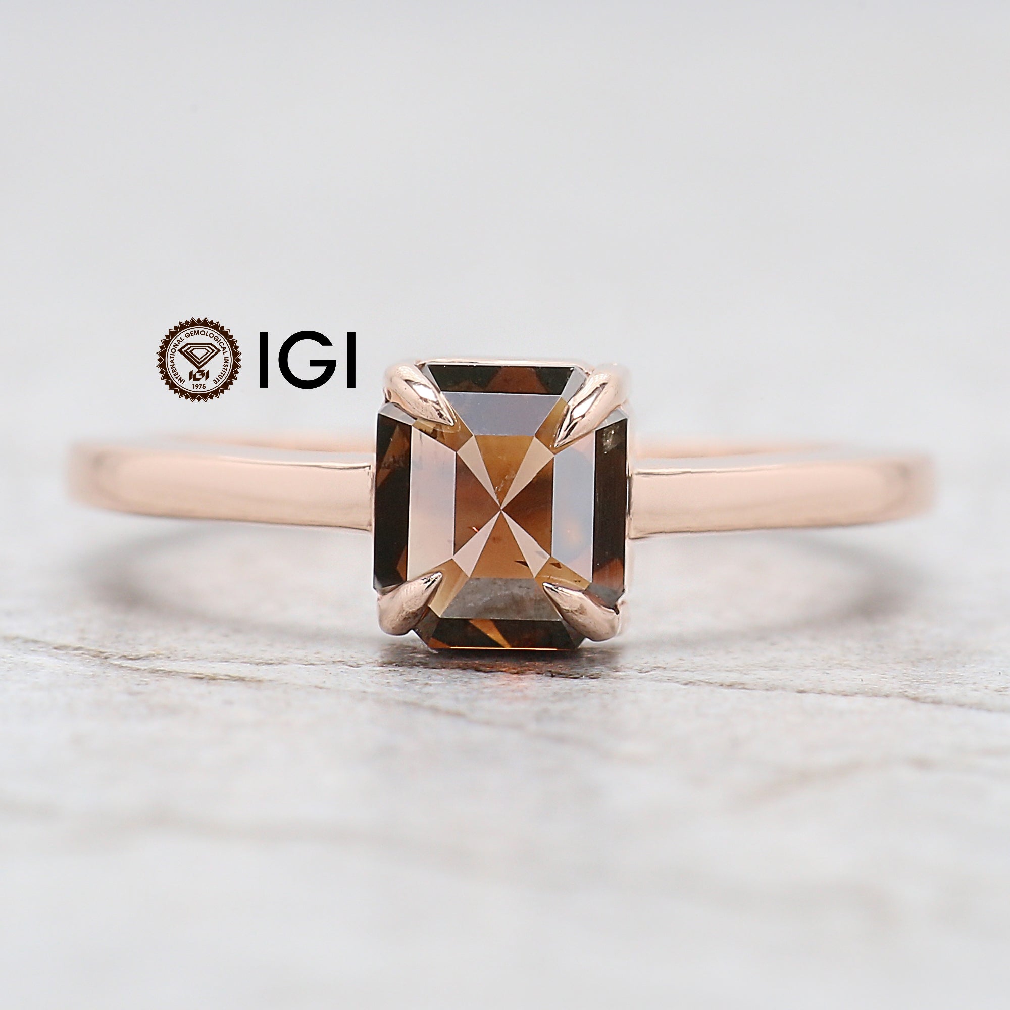 IGI Certified Emerald Brown Diamond Ring 1.10 Ct 5.90 MM Emerald Diamond Ring 14K Rose Gold Silver Engagement Ring Gift For Her QL7721