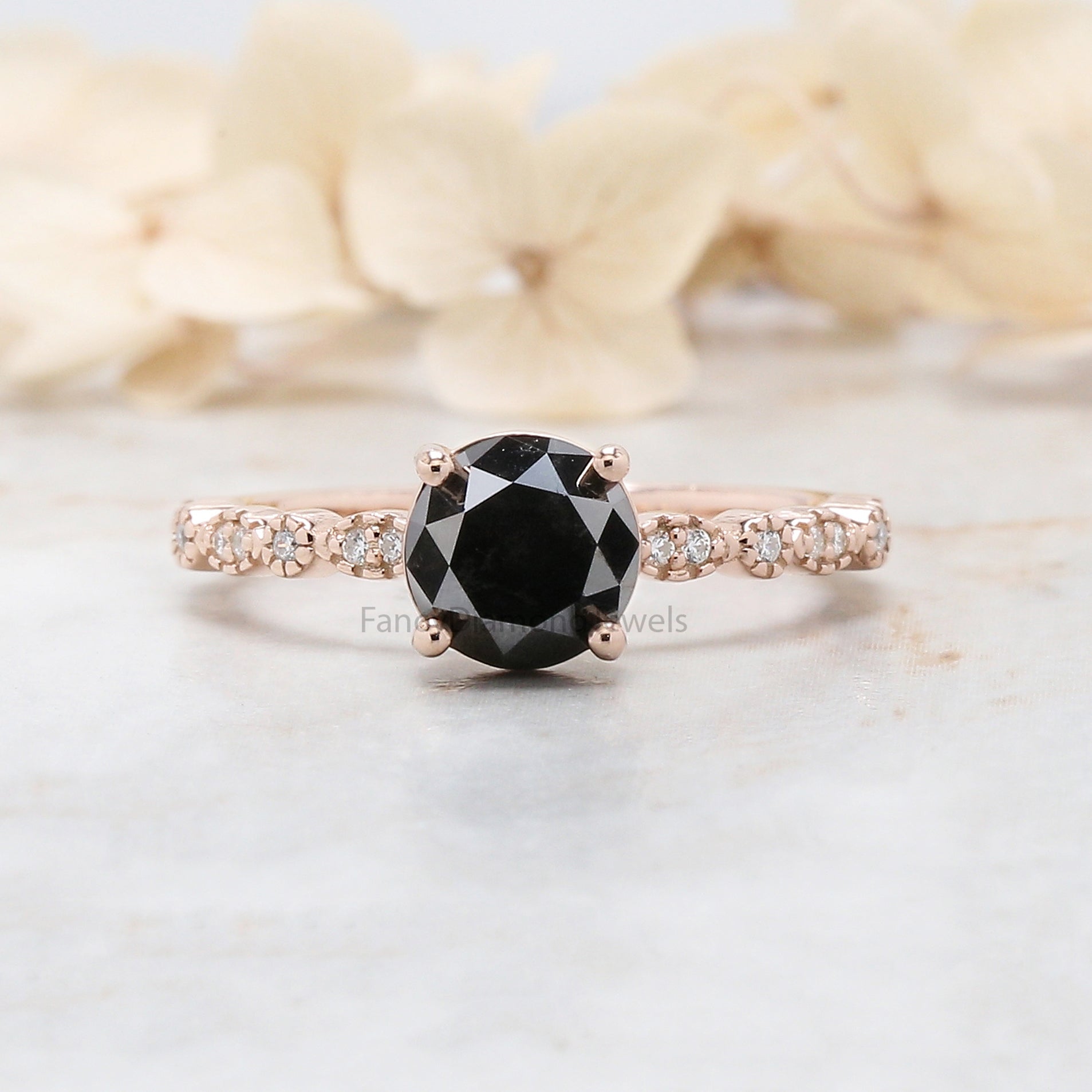 Round Cut Black Color Diamond Ring 1.50 Ct 6.60 MM Round Shape Diamond Ring 14K Solid Rose Gold Silver Engagement Ring Gift For Her QL3070