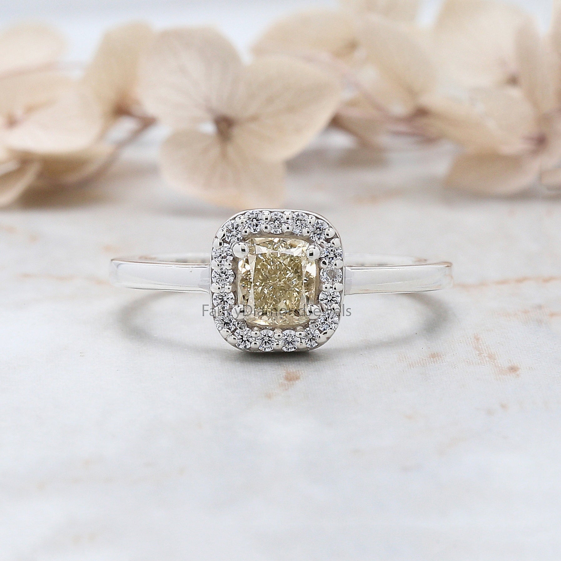 Cushion Cut Yellow Color Diamond Ring 0.60 Ct 4.70 MM Cushion Diamond Ring 14K Solid White Gold Silver Engagement Ring Gift For Her QN9833