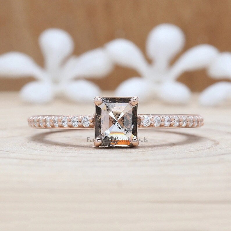 Emerald Cut Salt And Pepper Diamond Ring 0.87 Ct 5.60 MM Emerald Diamond Ring 14K Solid Rose Gold Silver Engagement Ring Gift For Her QL9510